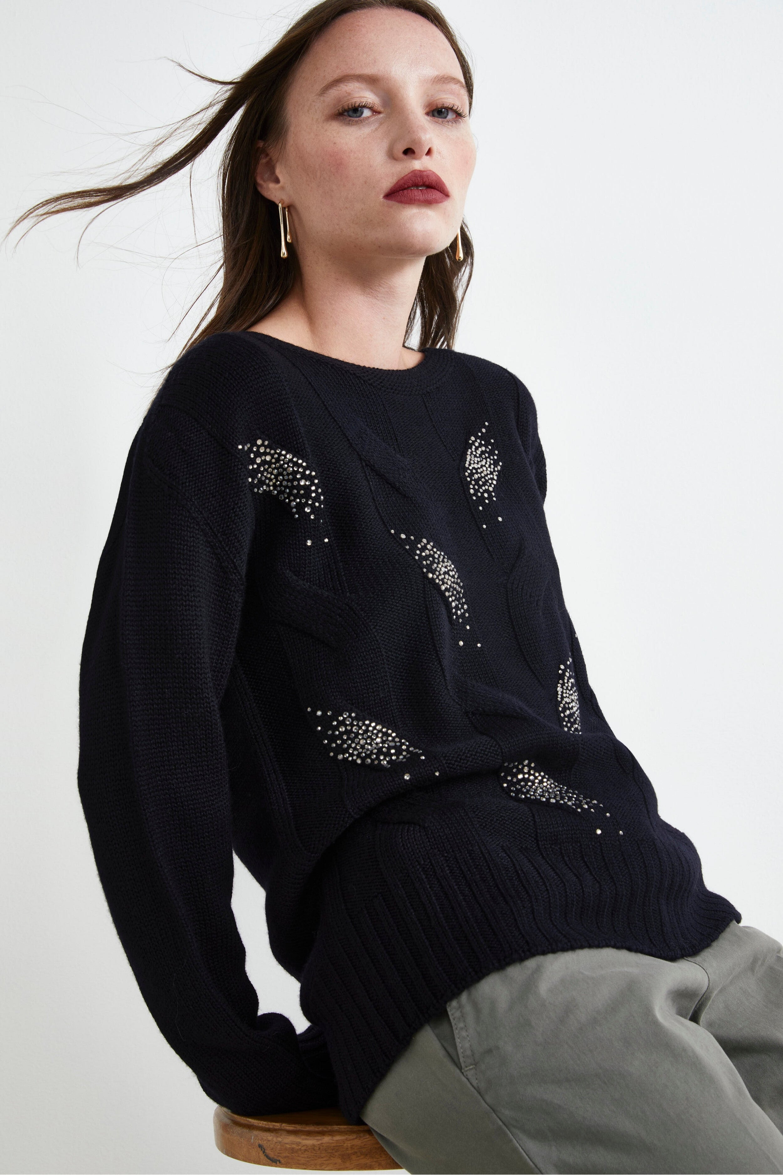 Maglione a Trecce con Strass - NERO