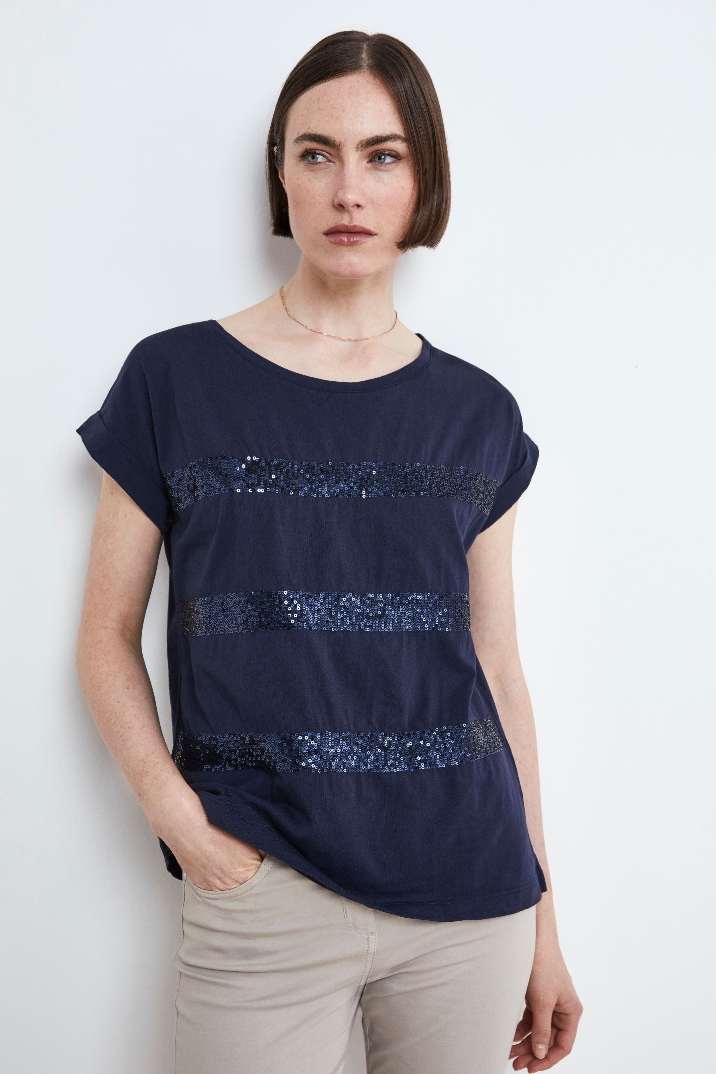 Cotton sequin t-shirt - NAVY