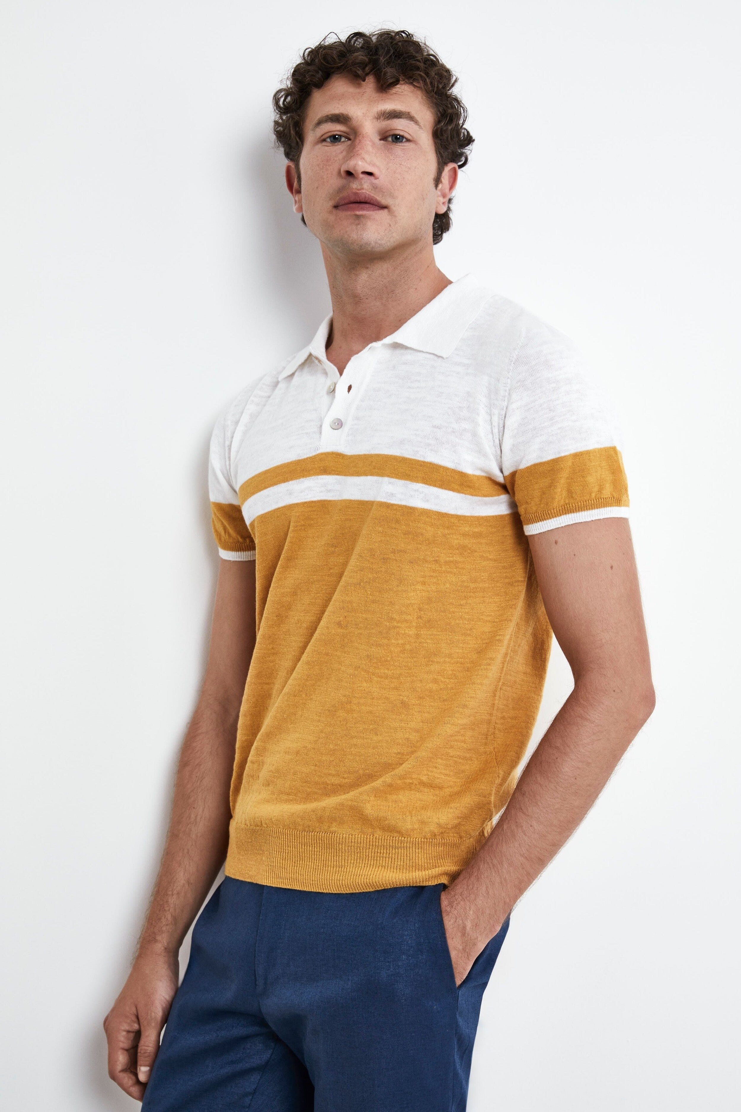 Knitted patterned polo shirt - YELLOW/WHITE