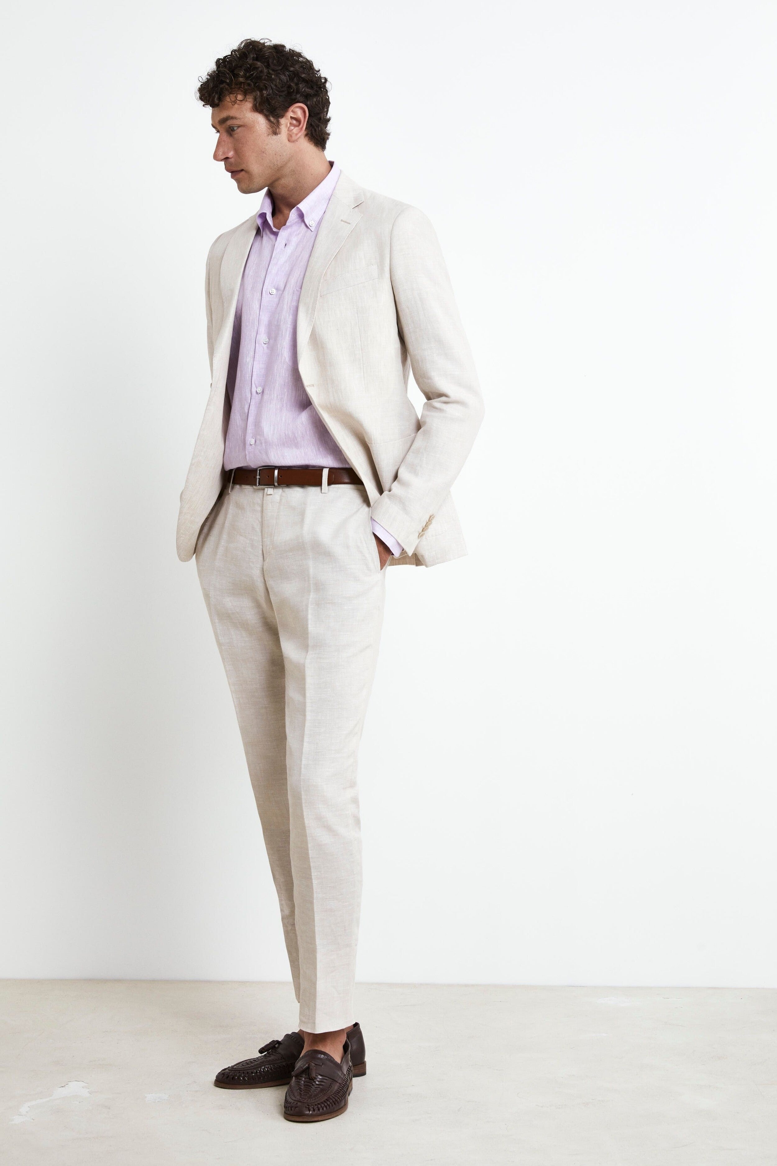 Slim Fit Linen Suit - BEIGE