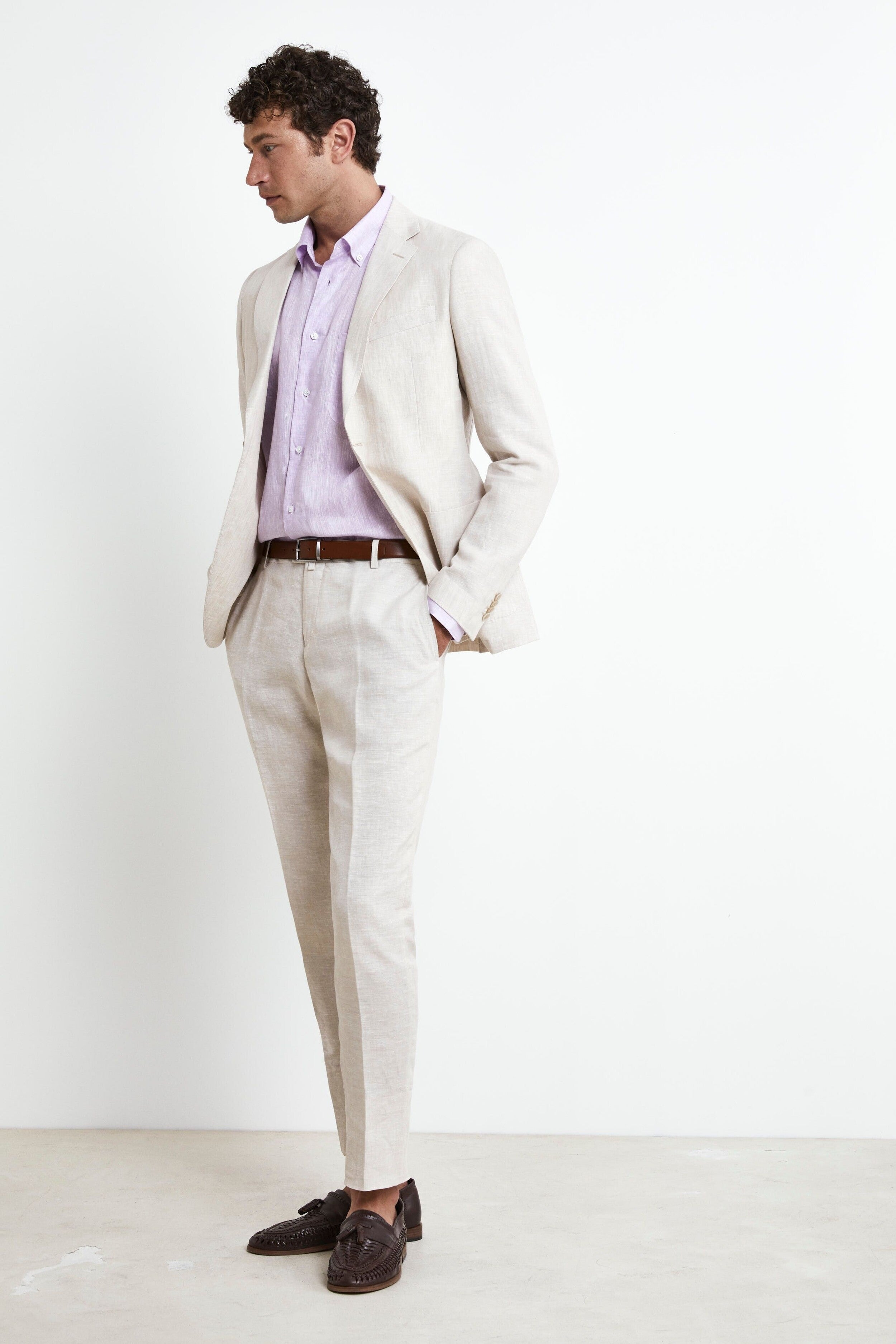 Slim Fit Leinenanzug - BEIGE