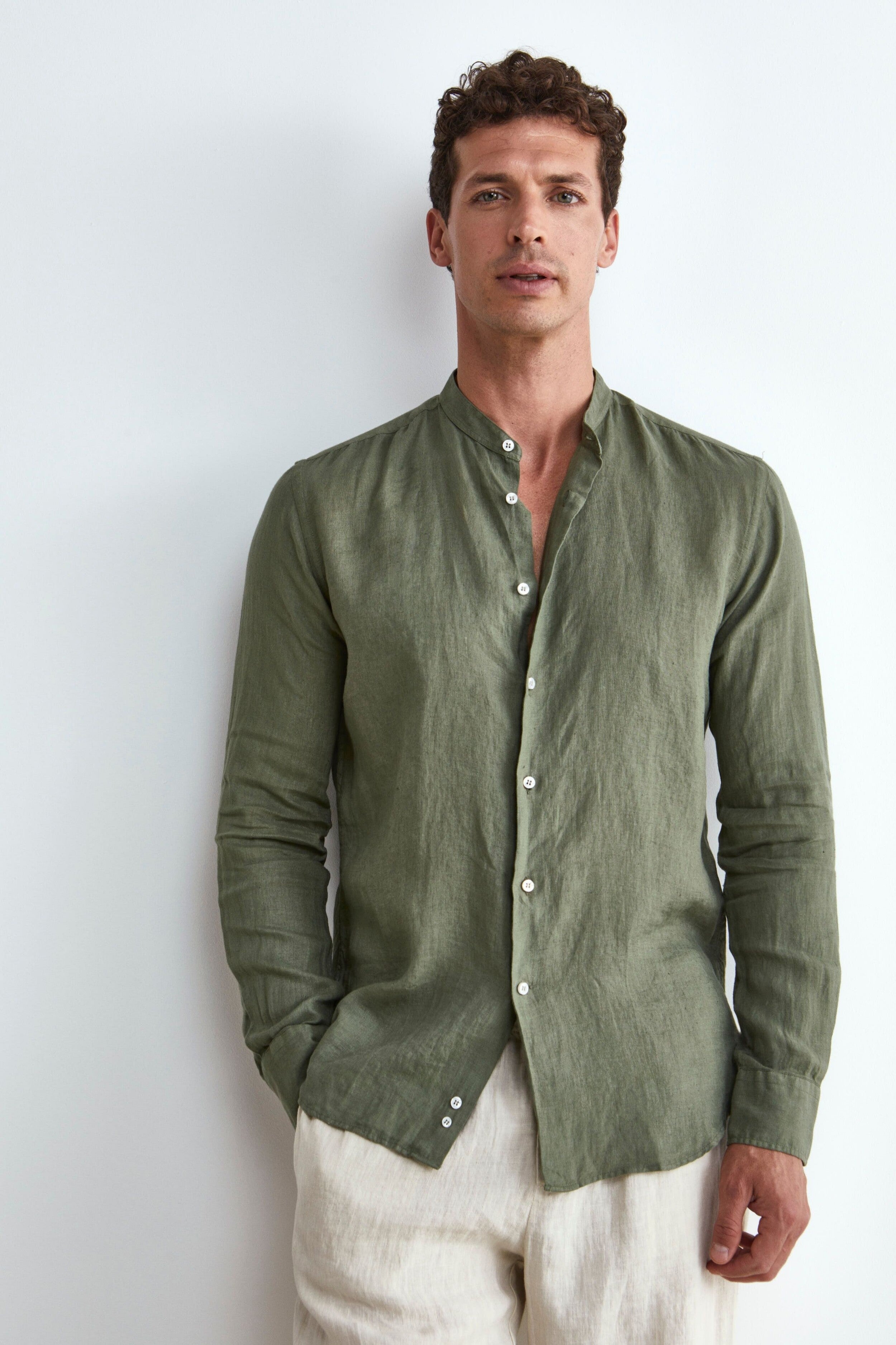 Green Custom Fit Linen Shirt - Military green