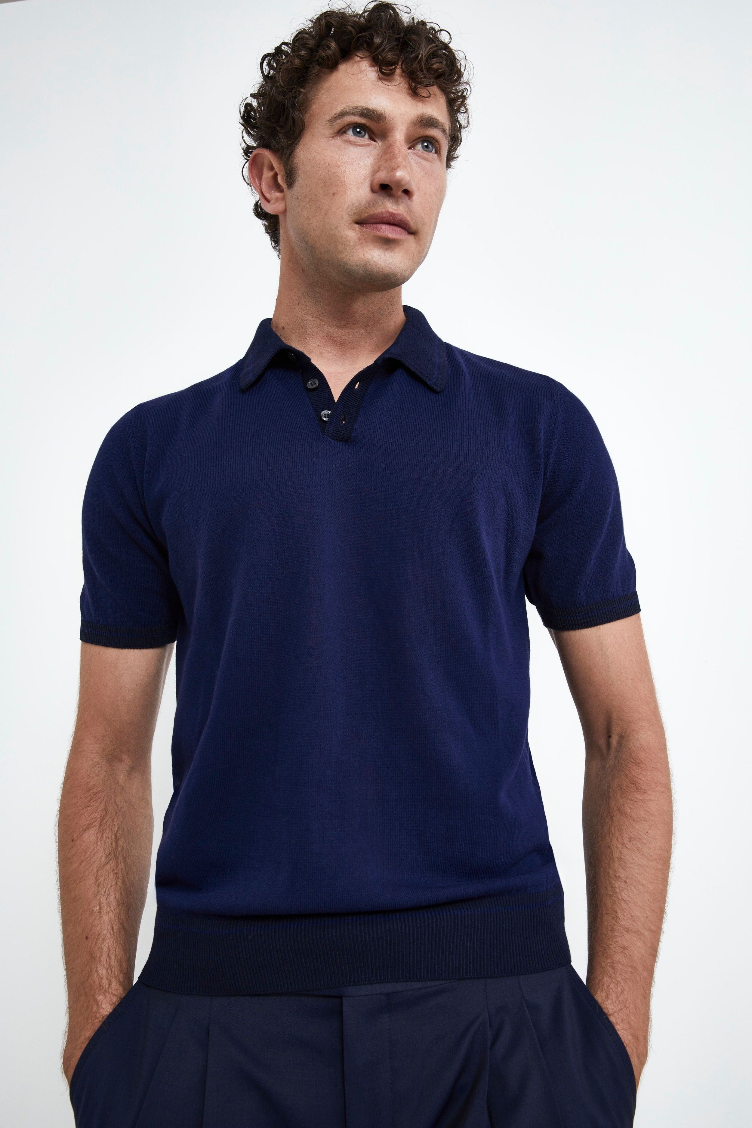 Cotton Knit Polo Shirt - BLUE