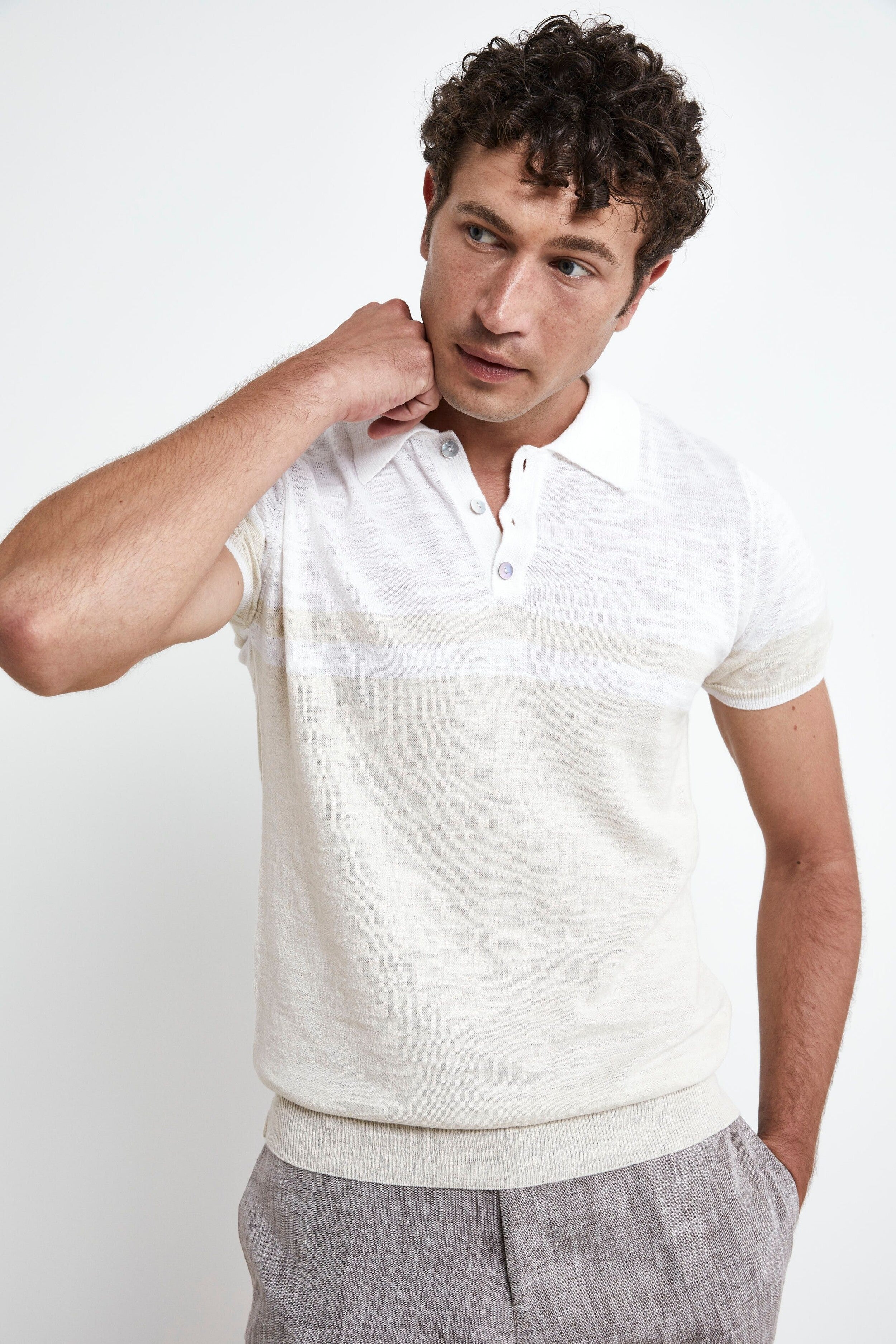Knitted patterned polo shirt - NATURAL/WHITE