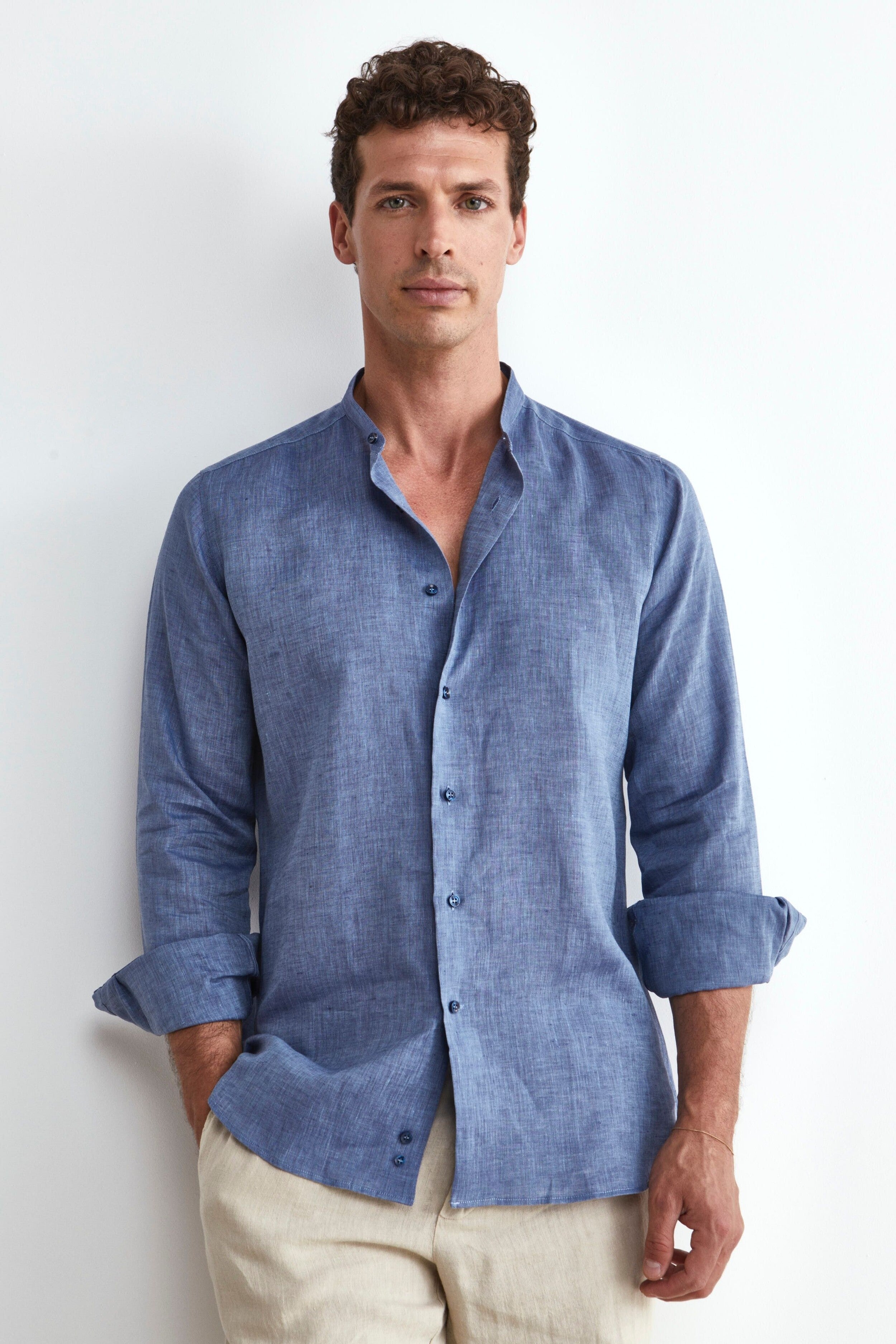 Camicia in lino coreana - BLU APERTO