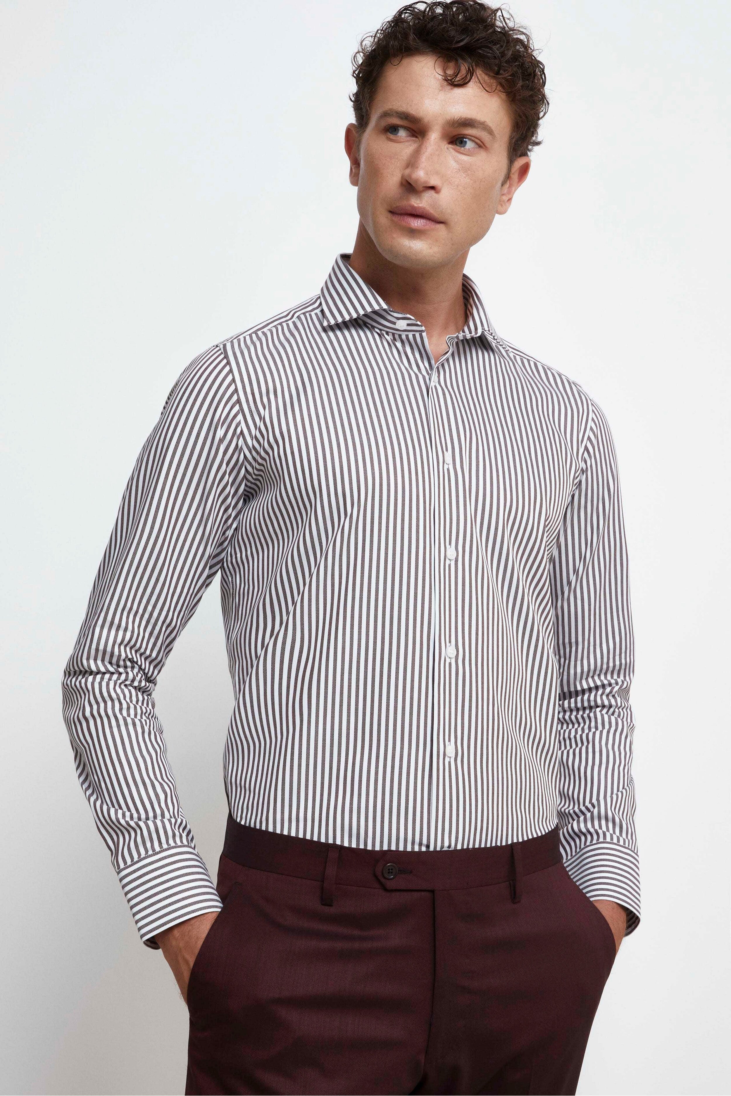 Camicia Slim Fit a Righe Collo Francese - MARRONE RIGATO