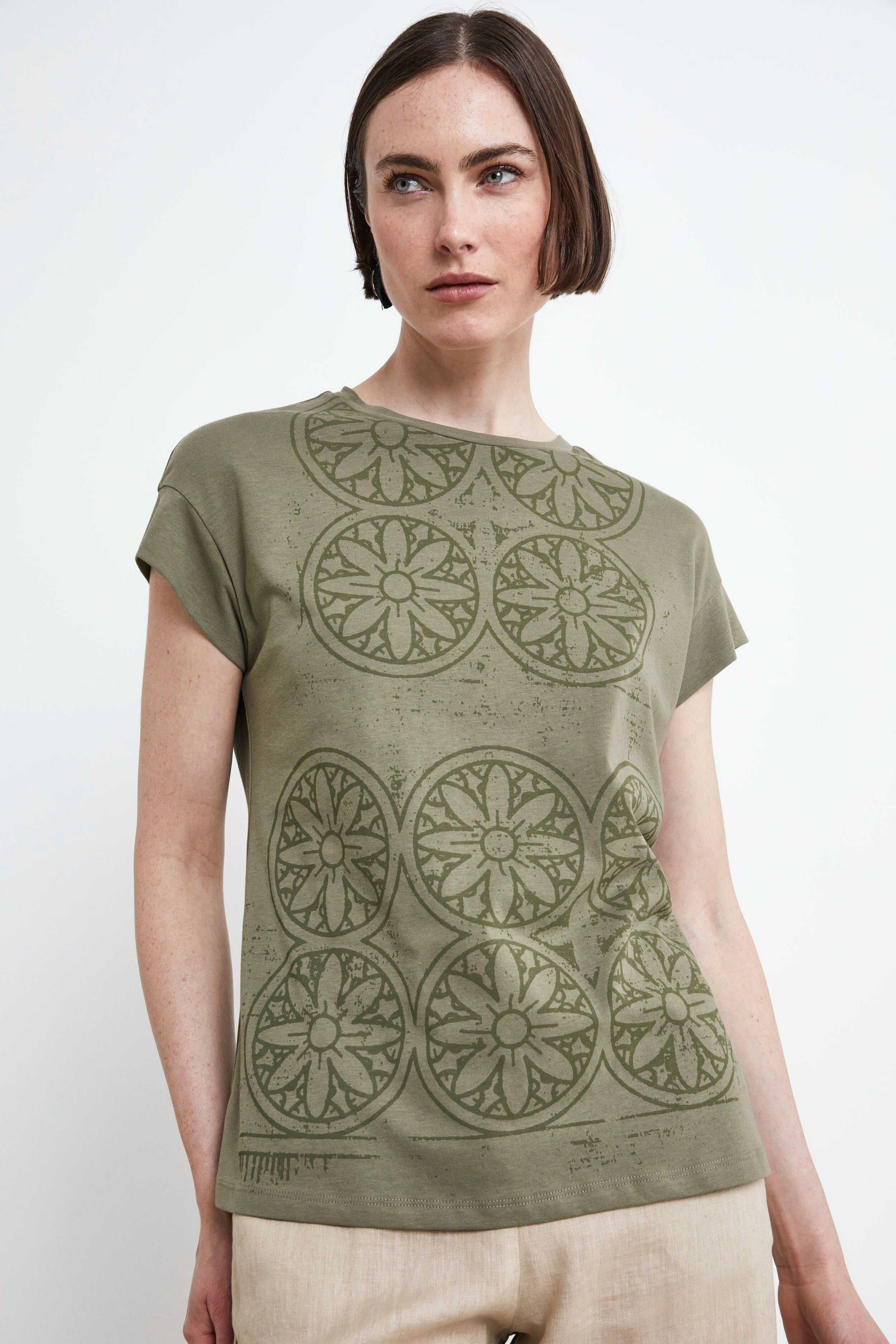 Cotton T-shirt with print - Military green