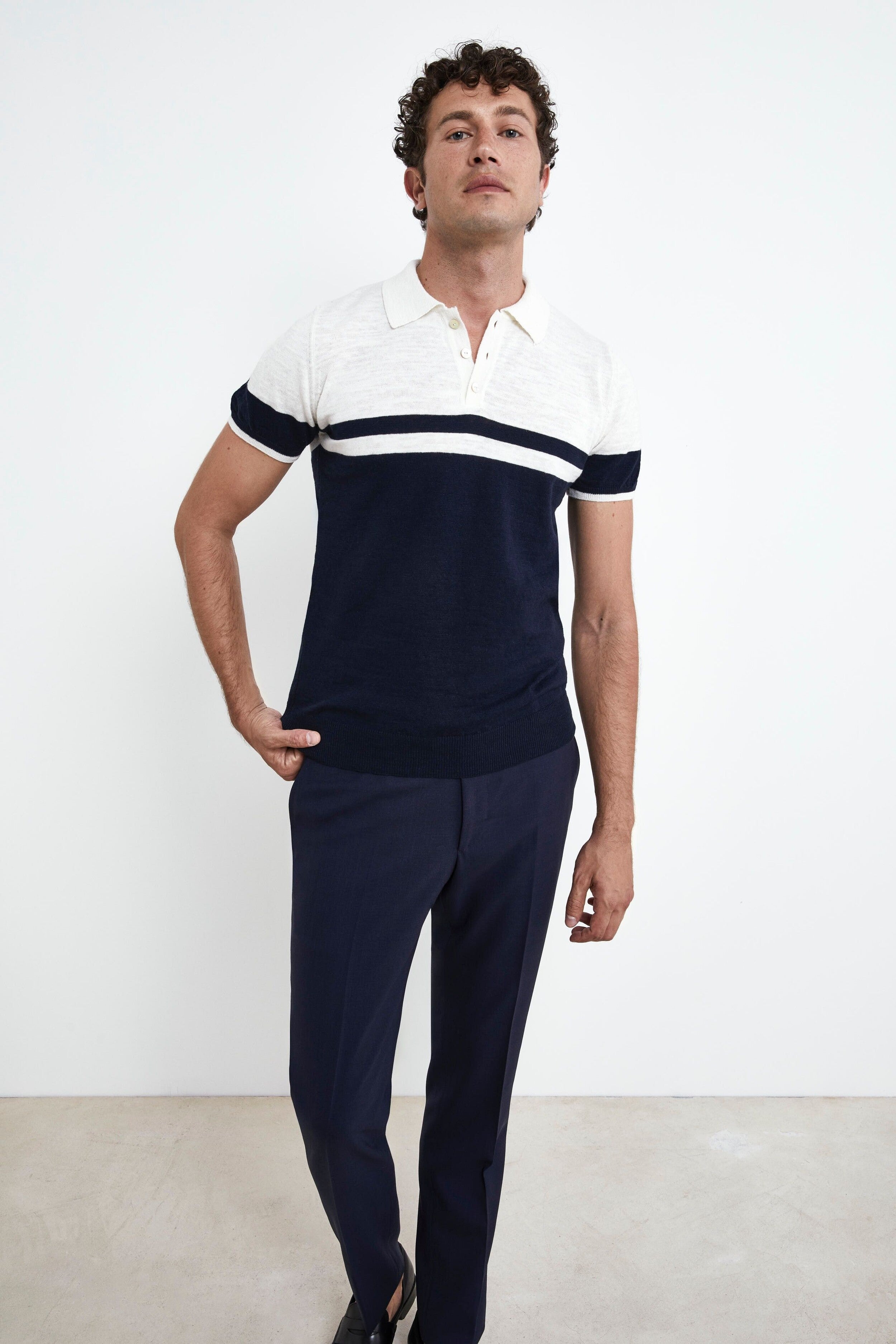 Knitted patterned polo shirt - BLUE/MILK