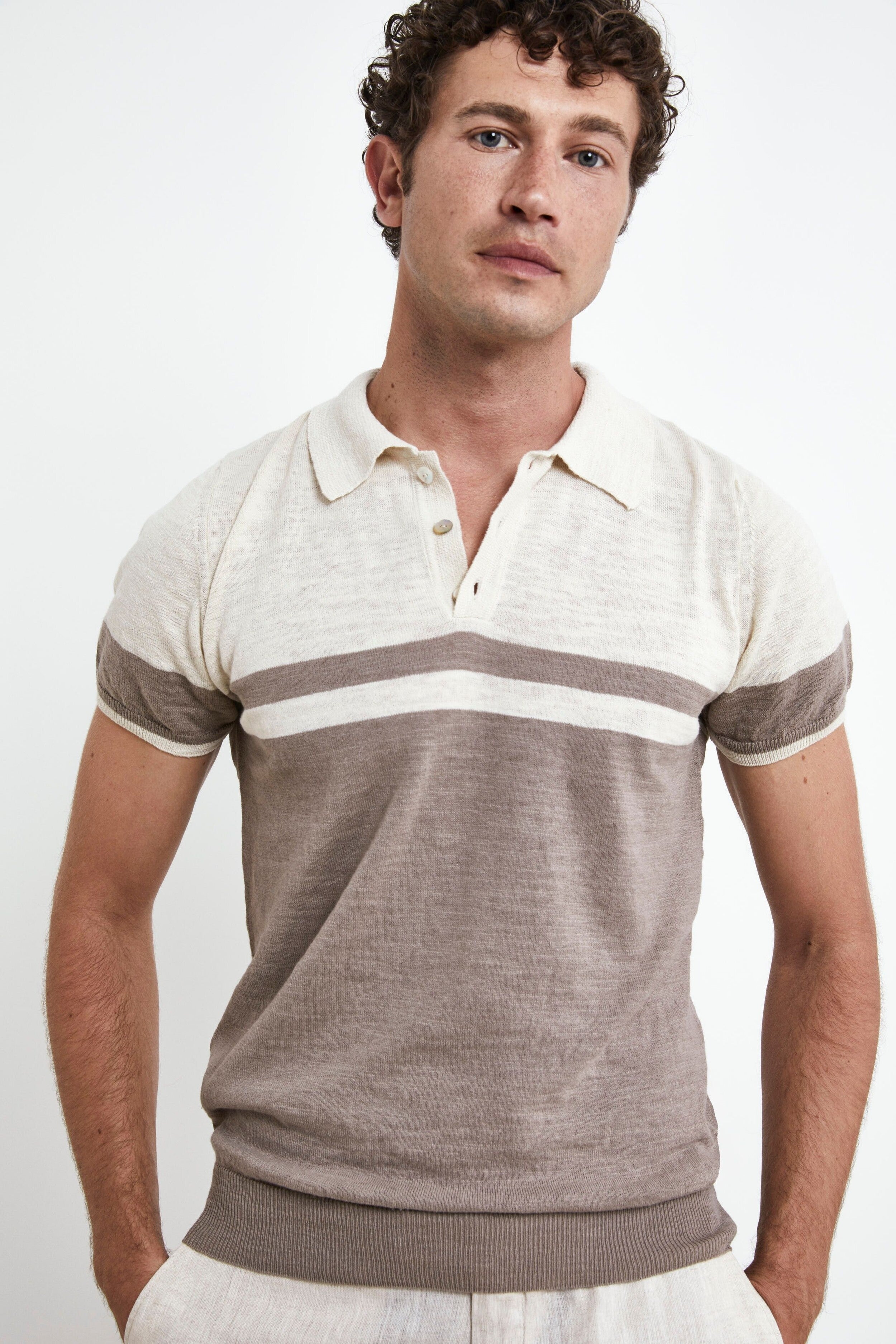 Knitted patterned polo shirt - BROWN/NATURAL