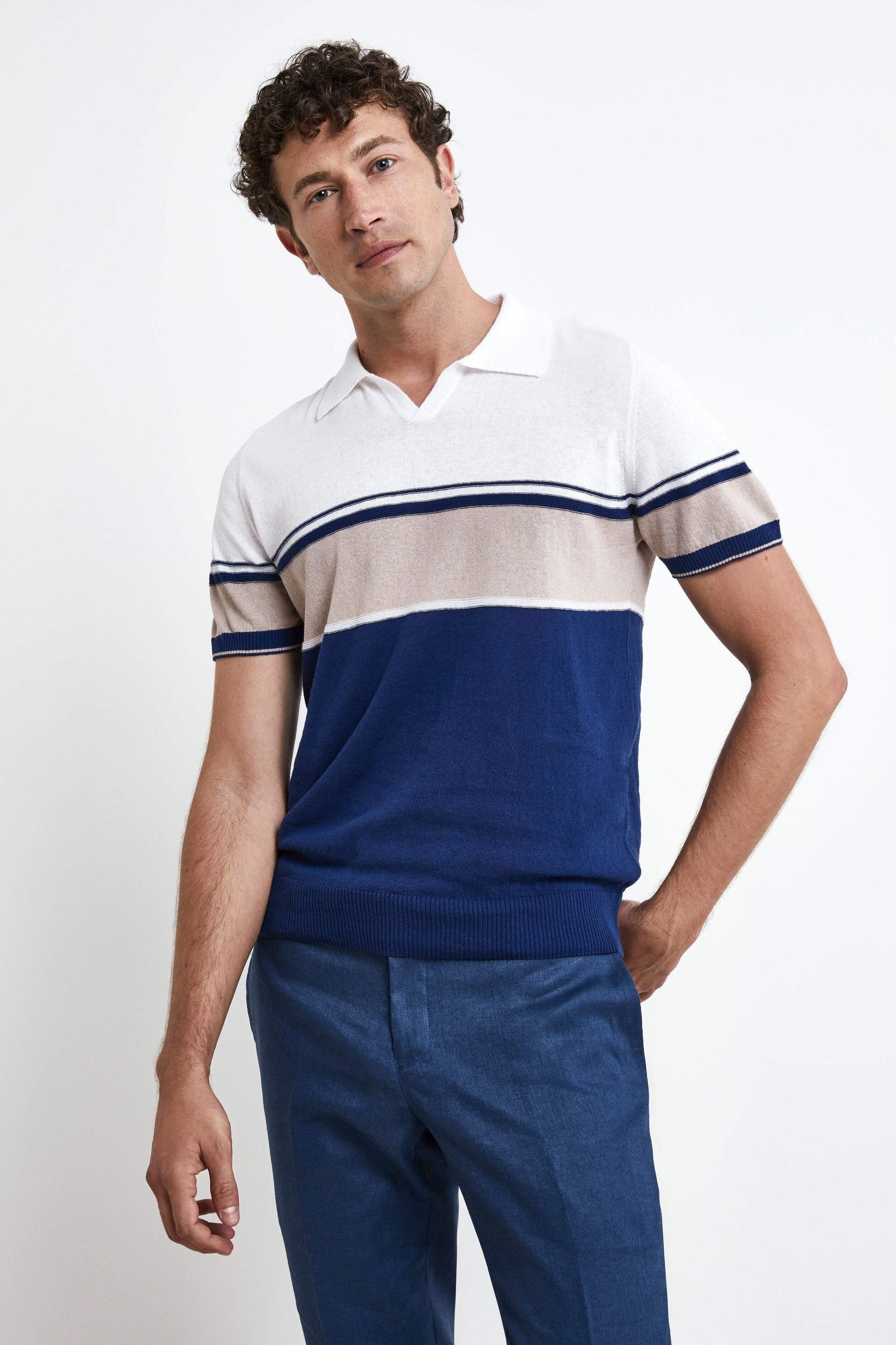 Striped Knitted Polo Shirt - BLUE/WHITE