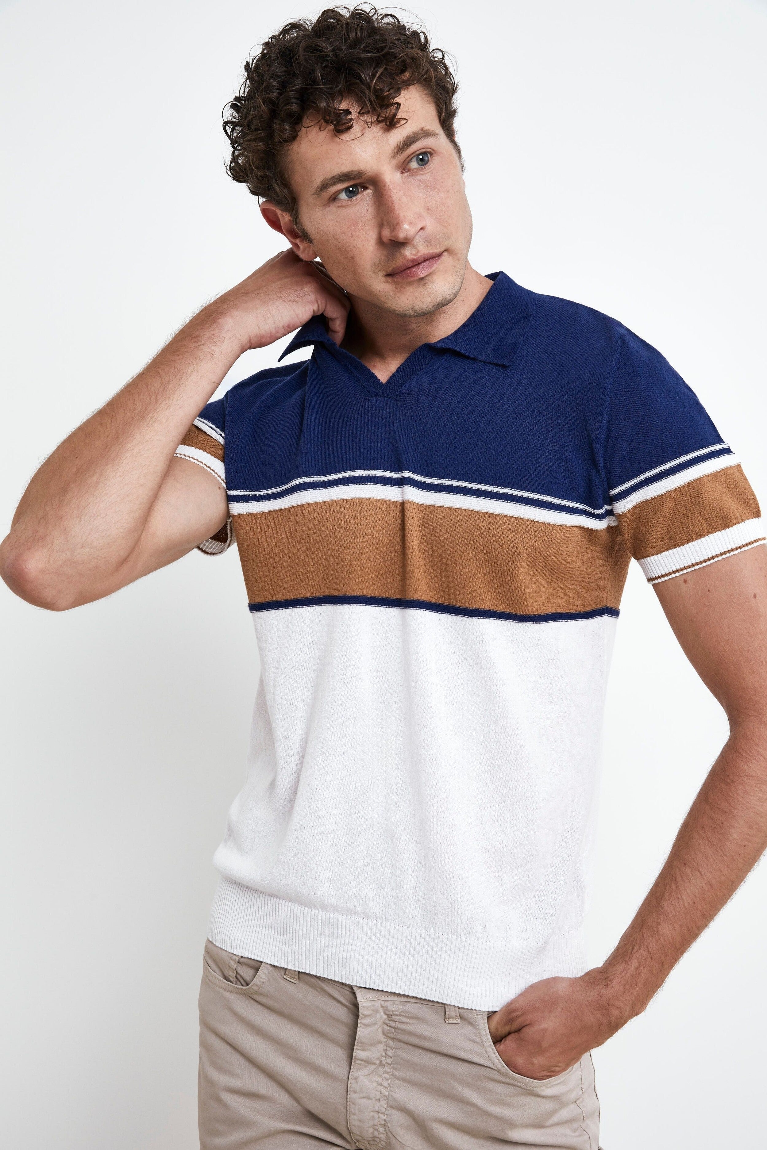 Striped Knit Polo Shirt - TOBACCO/WHITE