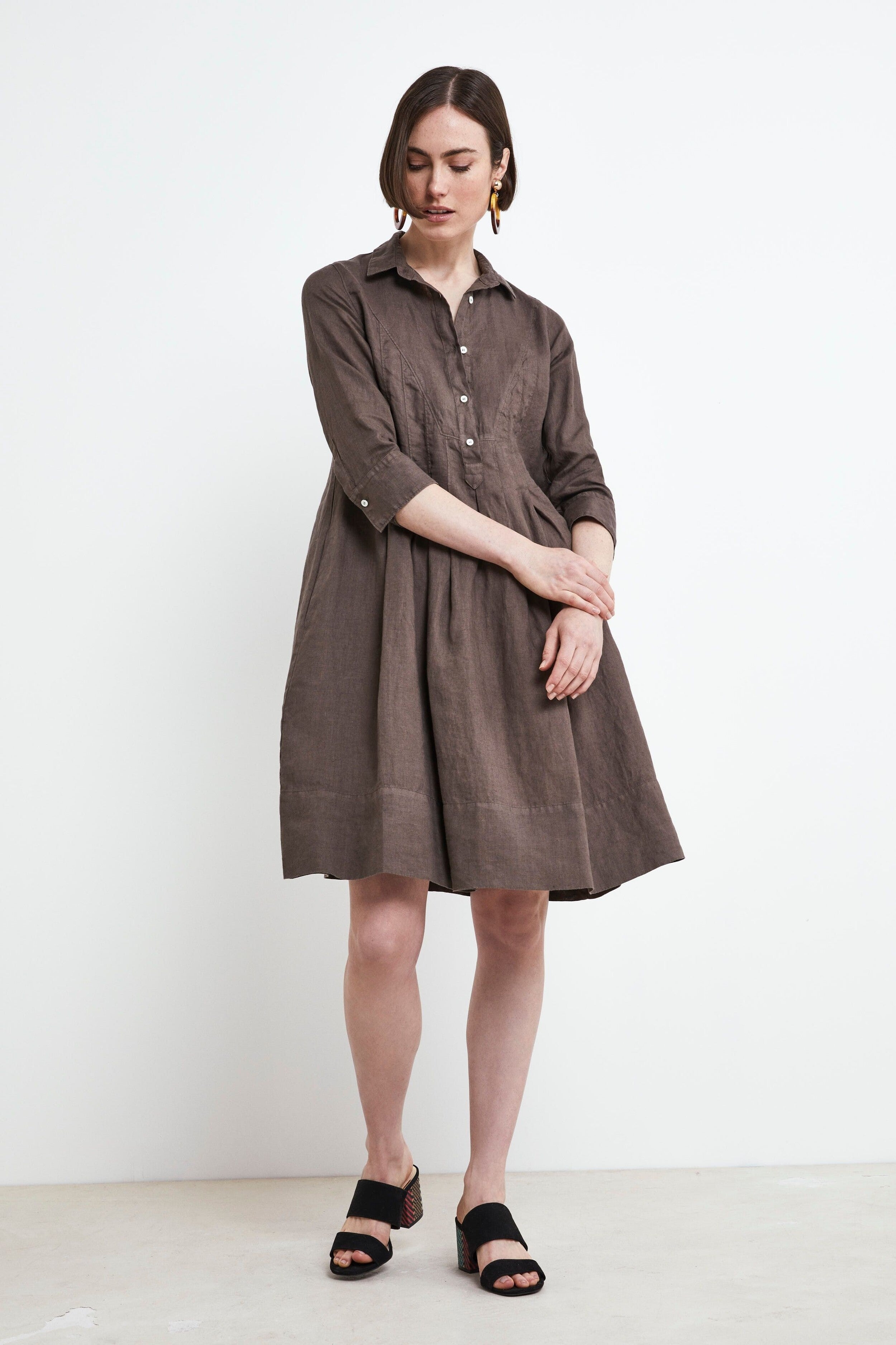 Linen Shirt Dress - BROWN