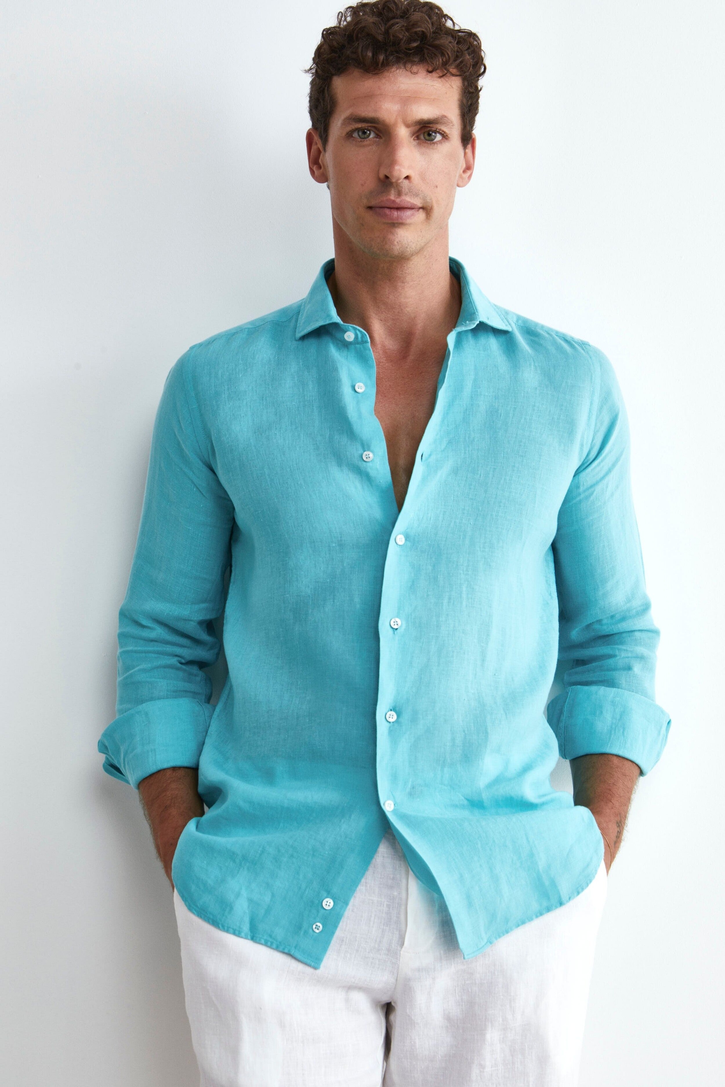 Turquoise Custom Fit Linen Shirt - Turquoise