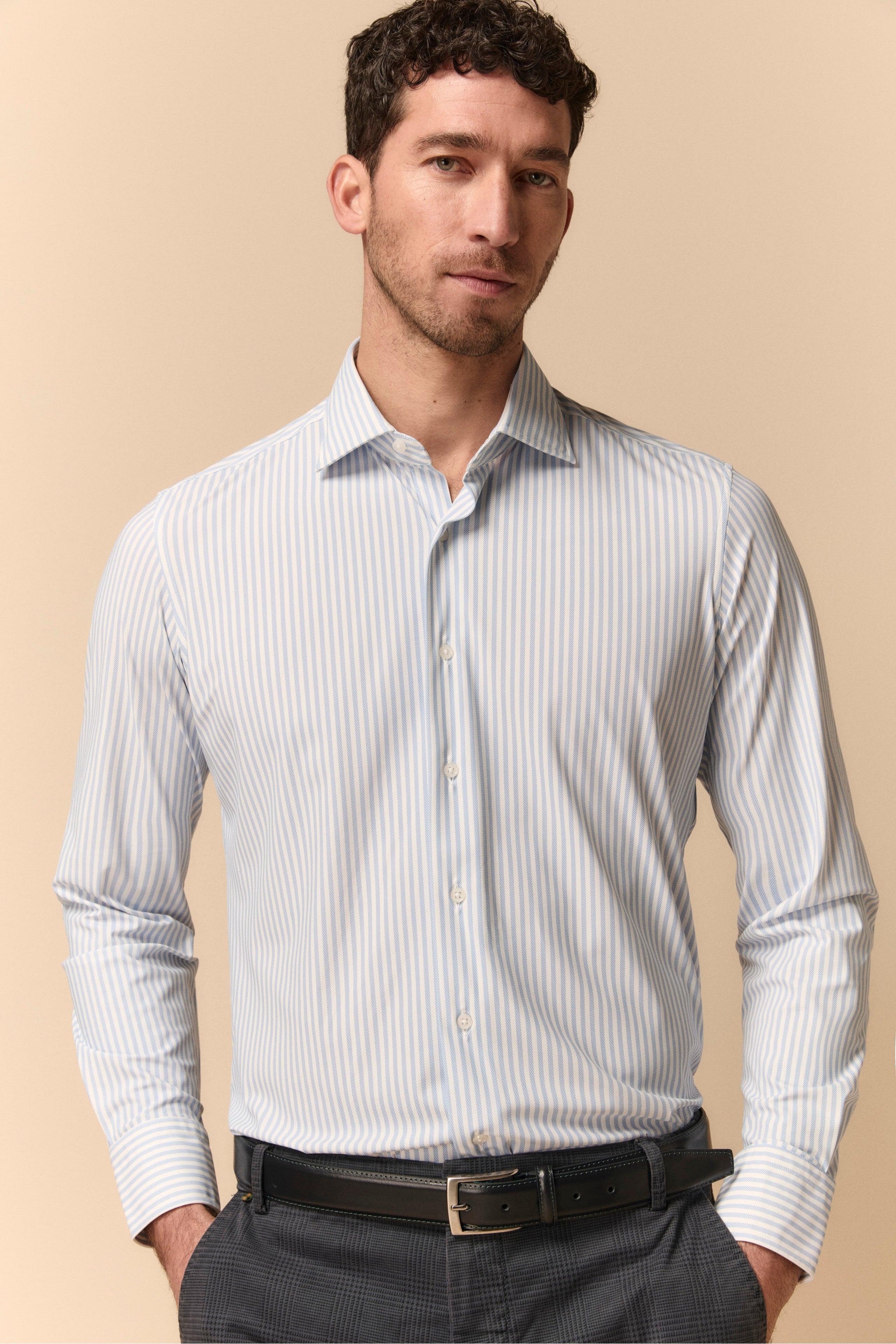 Camicia Fantasia Slim Fit in Jersey - RIGATO BIANCO/AZZURRO