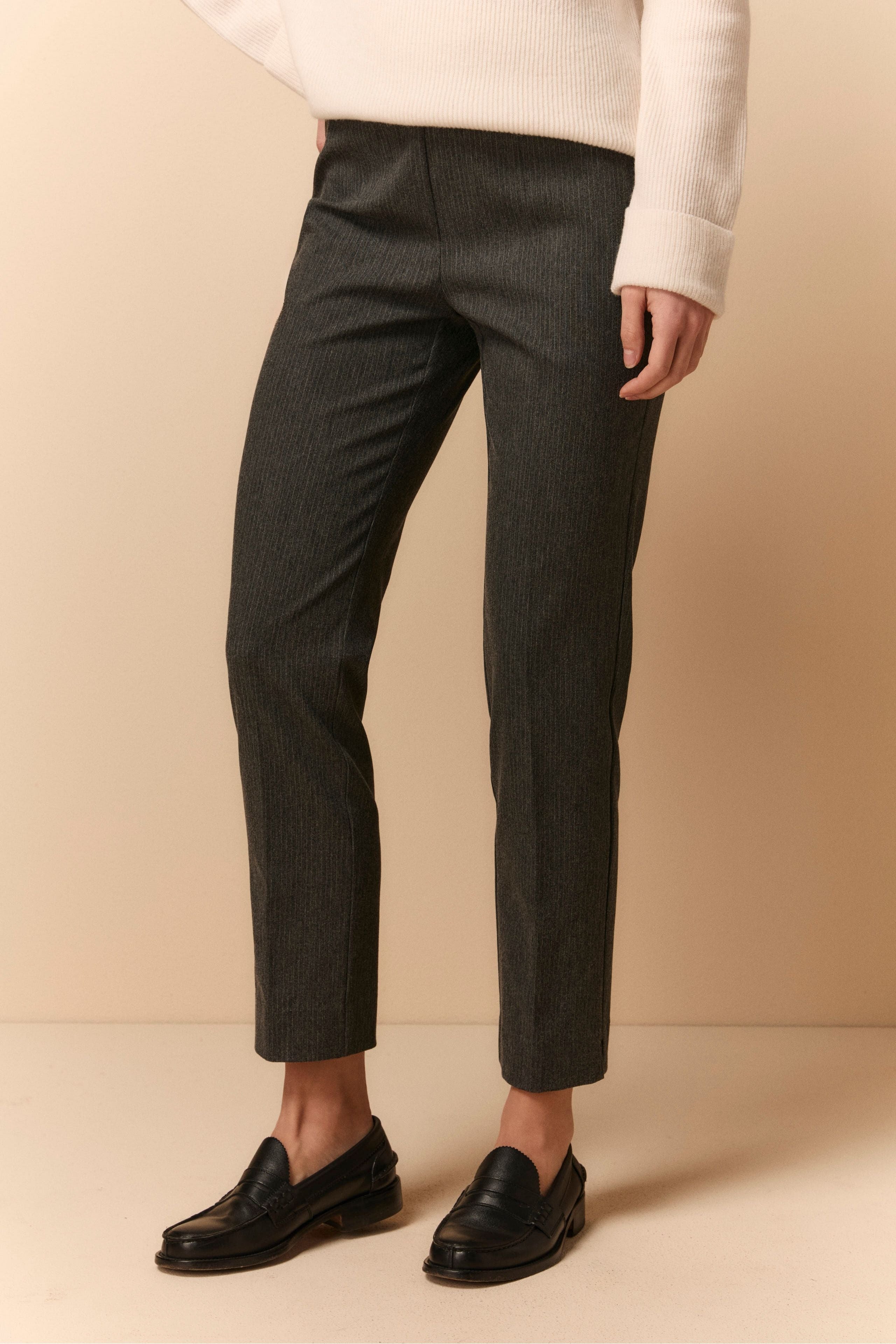 Cigarette Trousers with Belt - Charcoal grey pinstripe