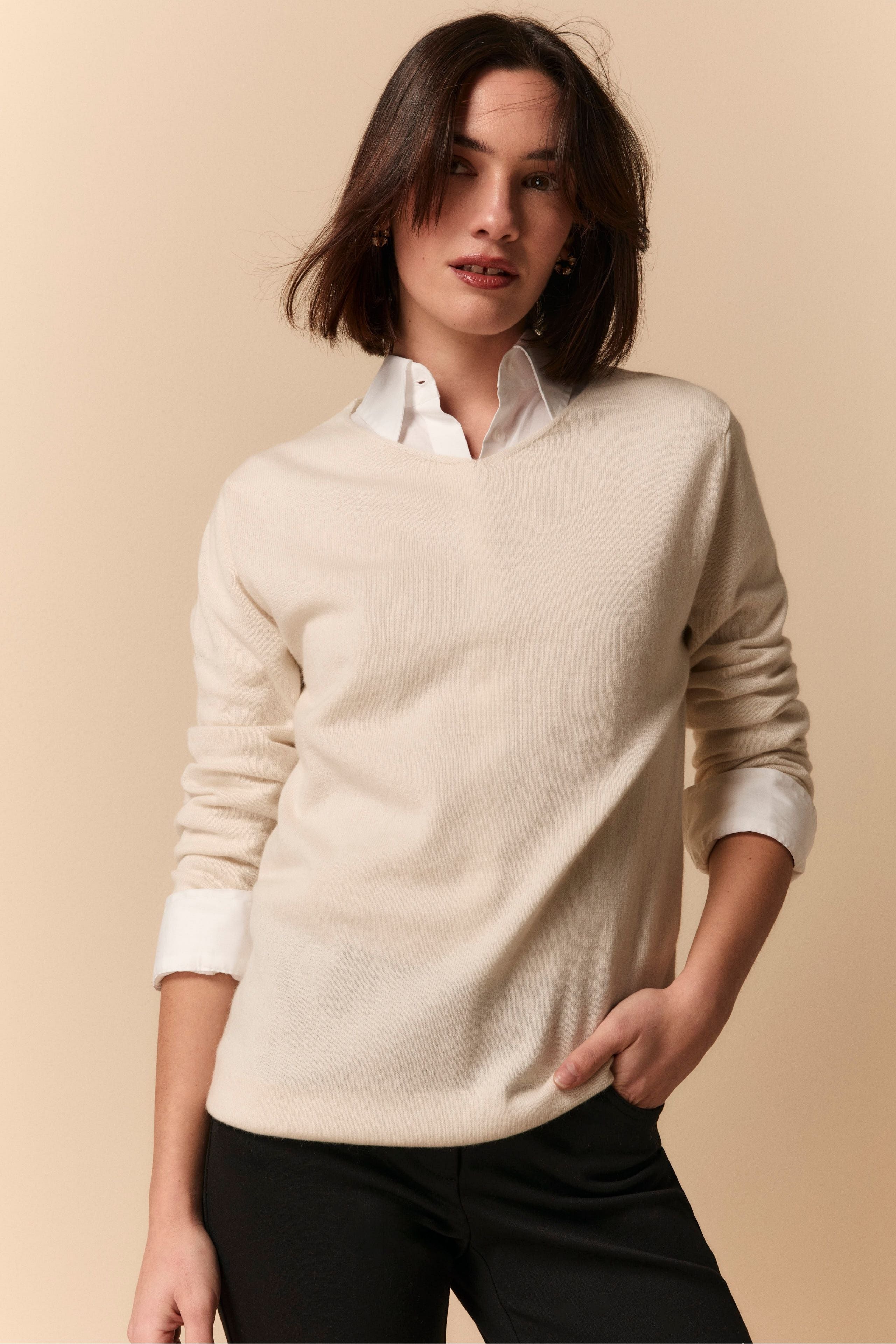 Maglia Scollo a V in Seta e Cashmere - LATTE