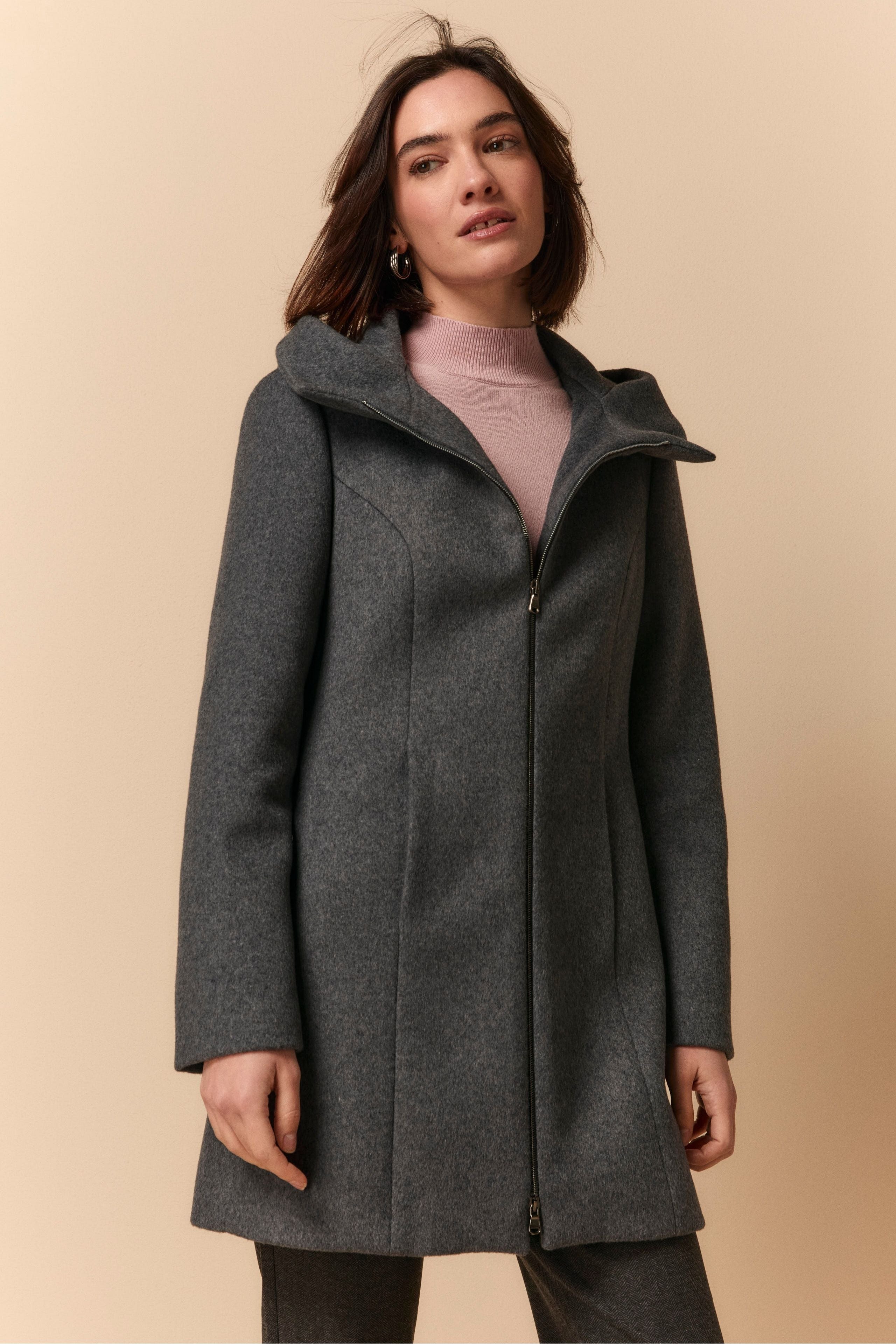 Cappotto Midi con Zip e Cappuccio - GRIGIO