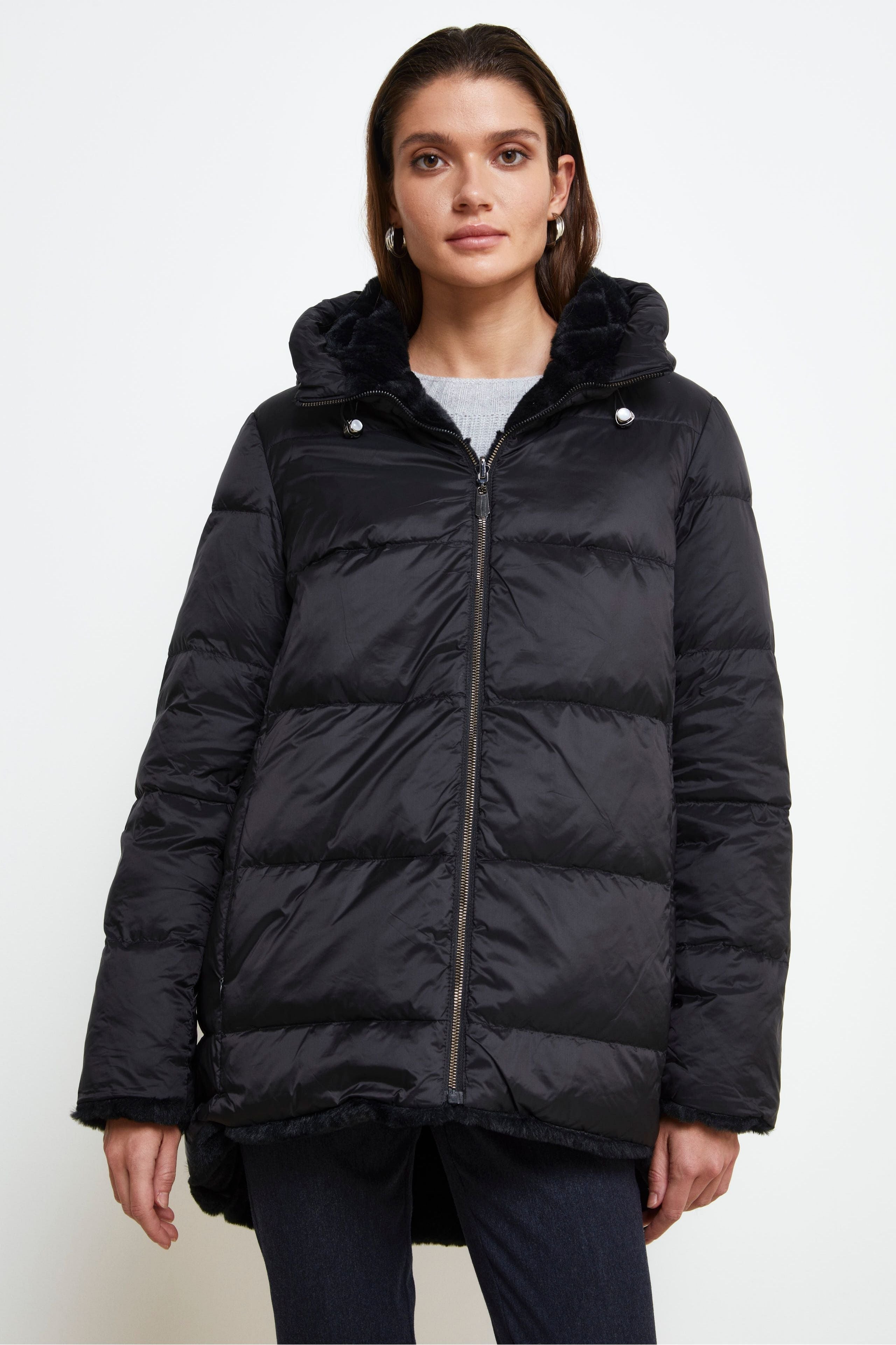 Reversible Down Jacket with Fur - BLACK