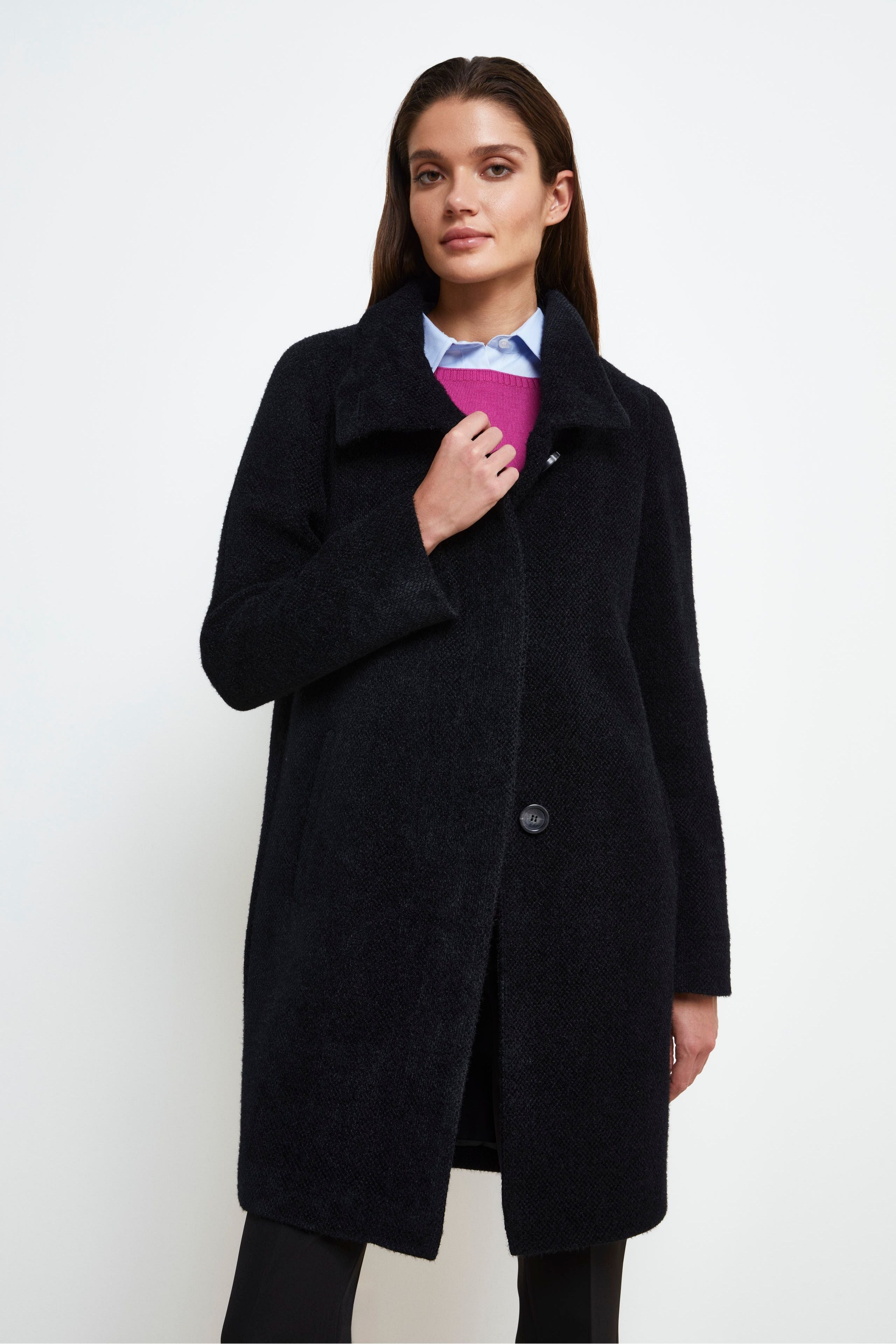 High Collar Button Coat - BLACK