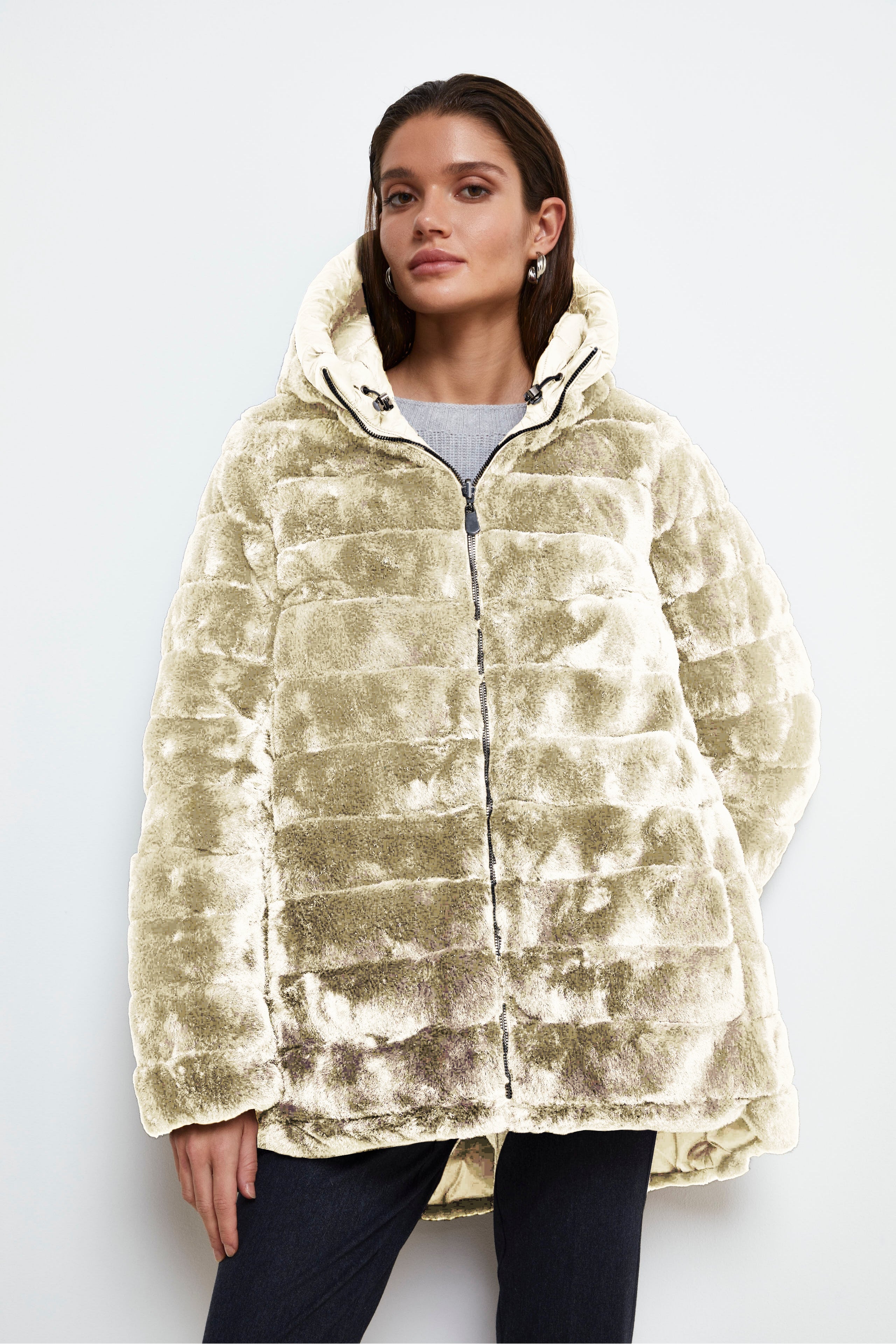 Reversible Down Jacket with Fur - Brown