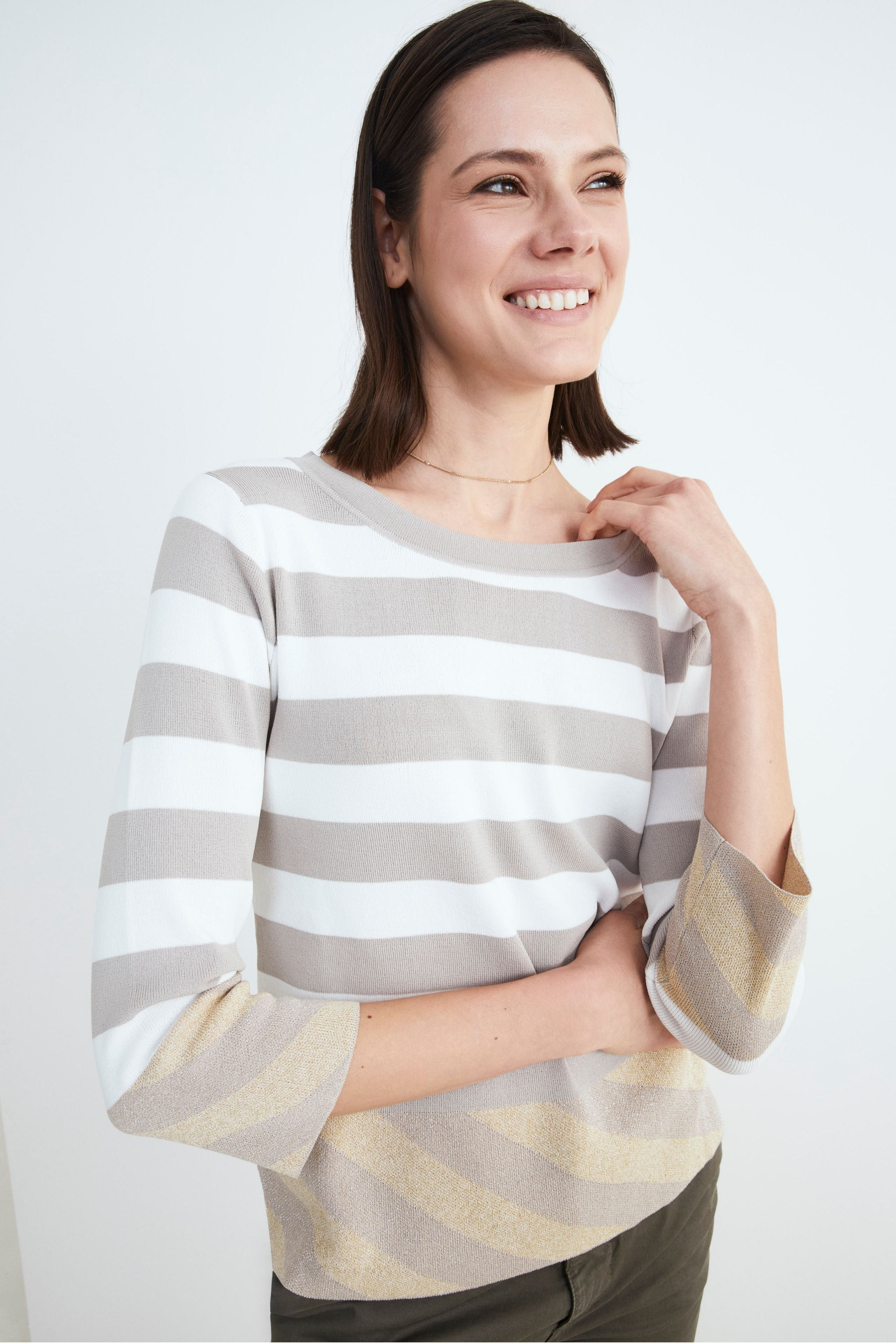 Striped crew-neck sweater - Beige stripe