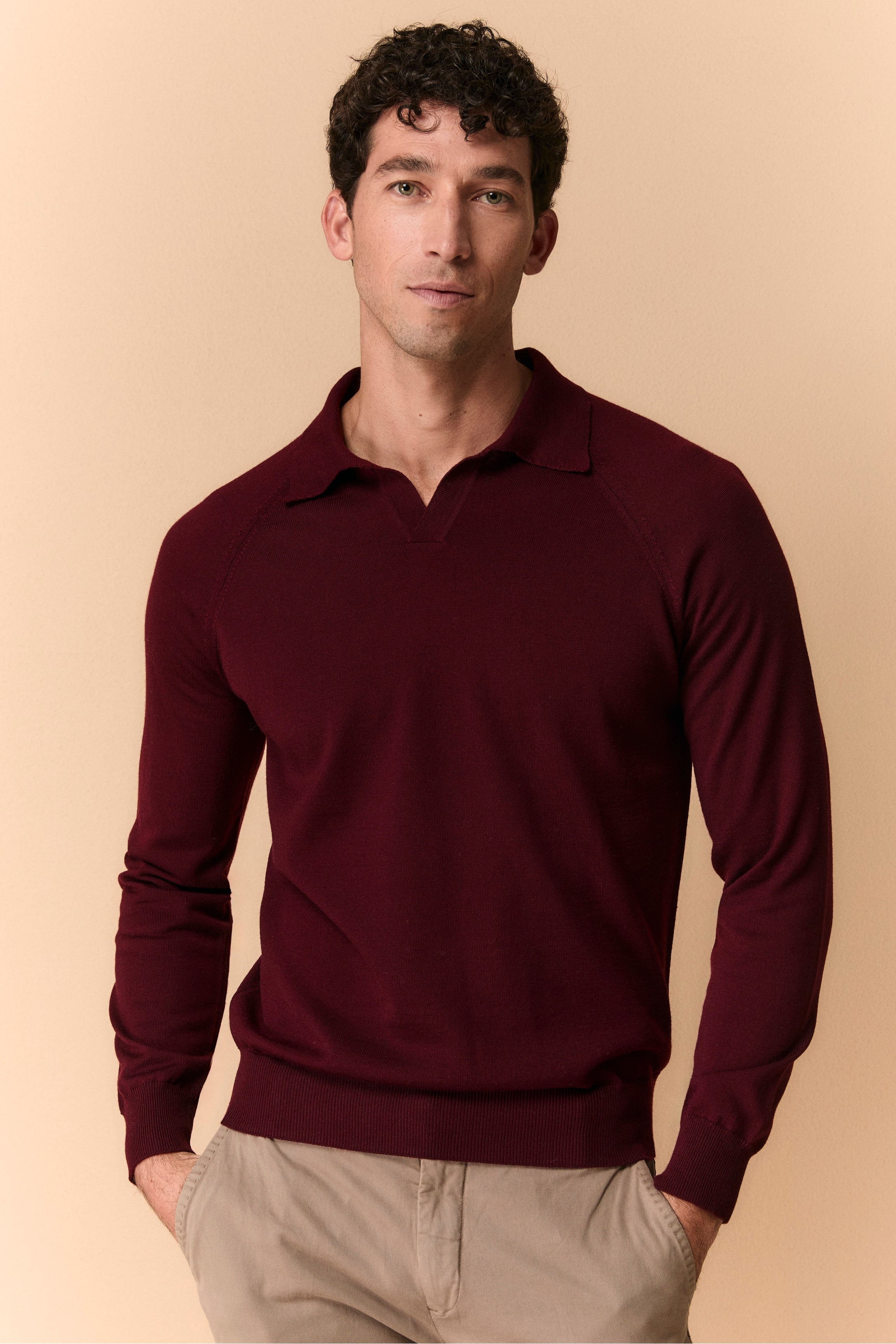 Polo Raglan in Lana Merino Extrafine - BORDEAUX