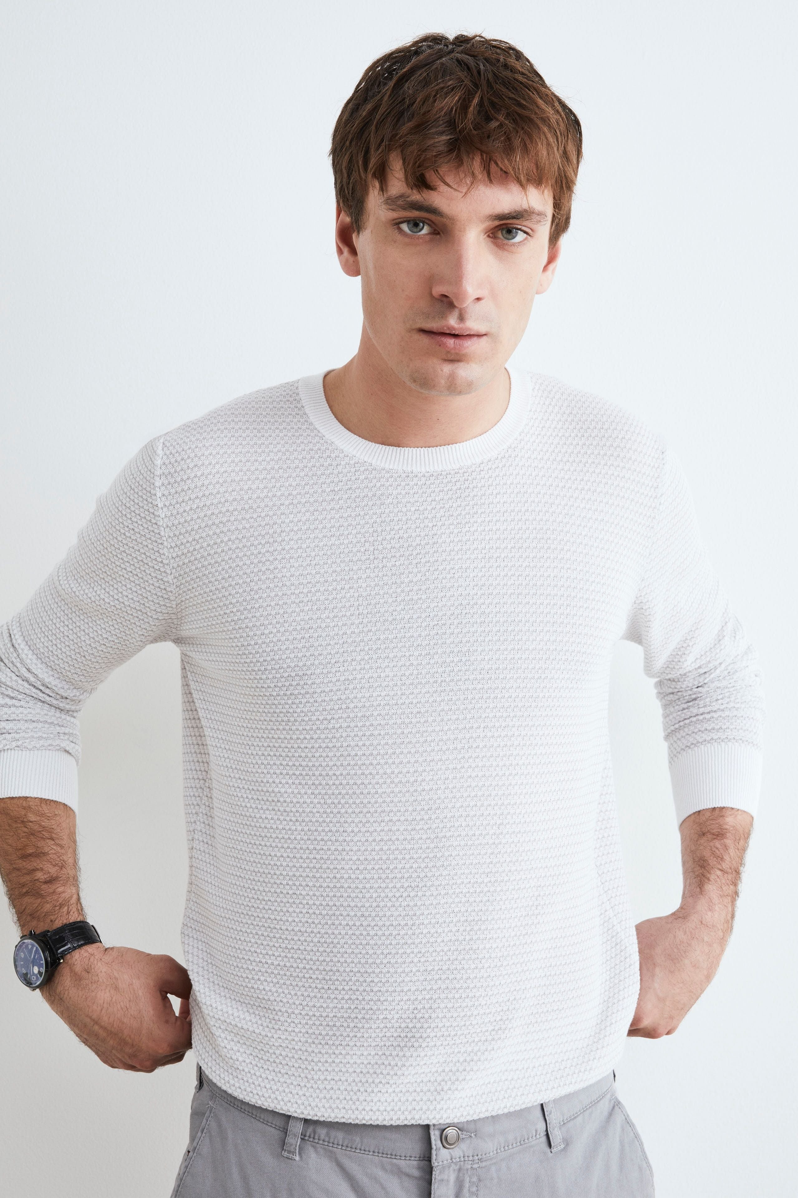 Maglia in cotone con texture - BIANCO/GRIGIO