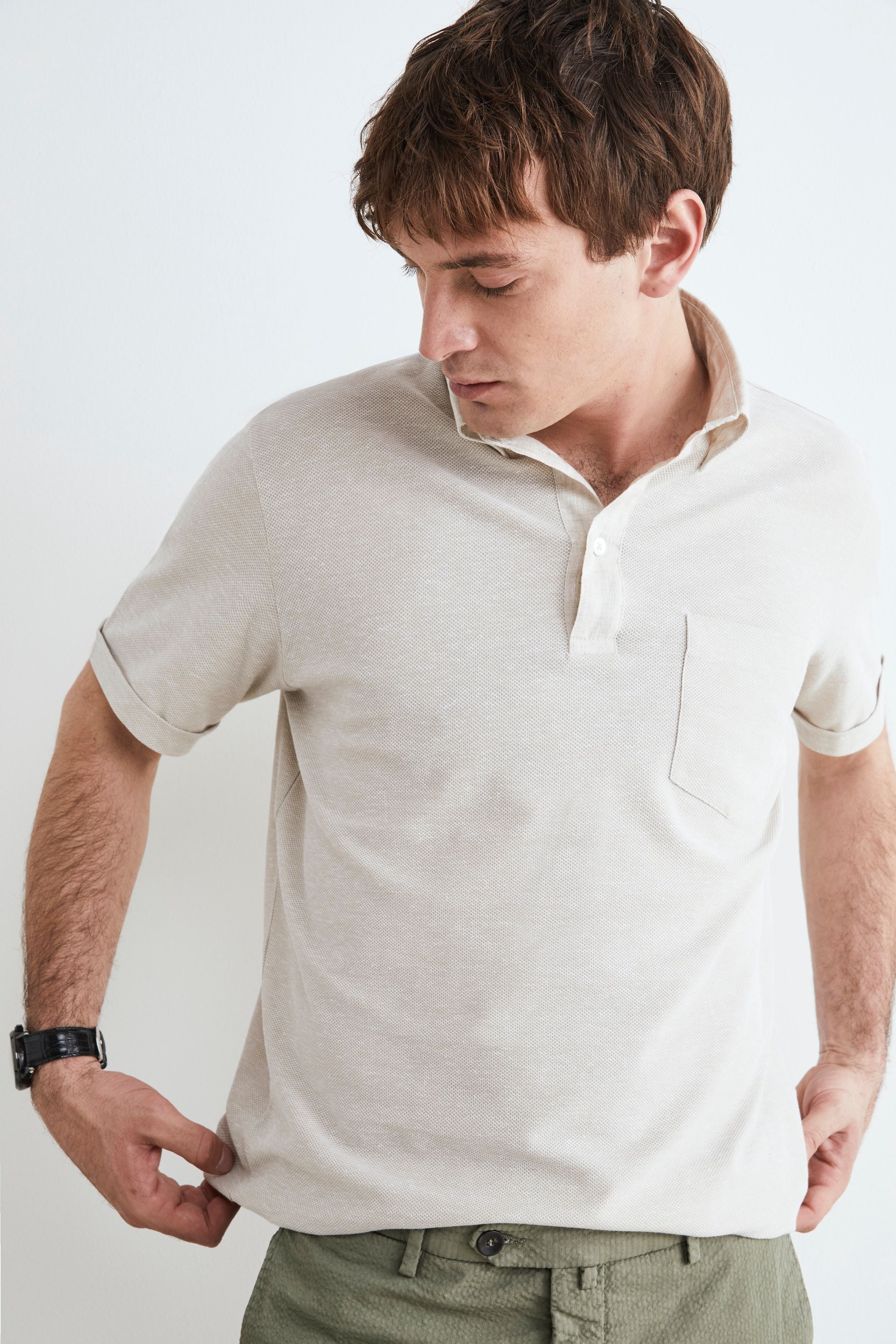 Cotton polo shirt with pocket - Light brown