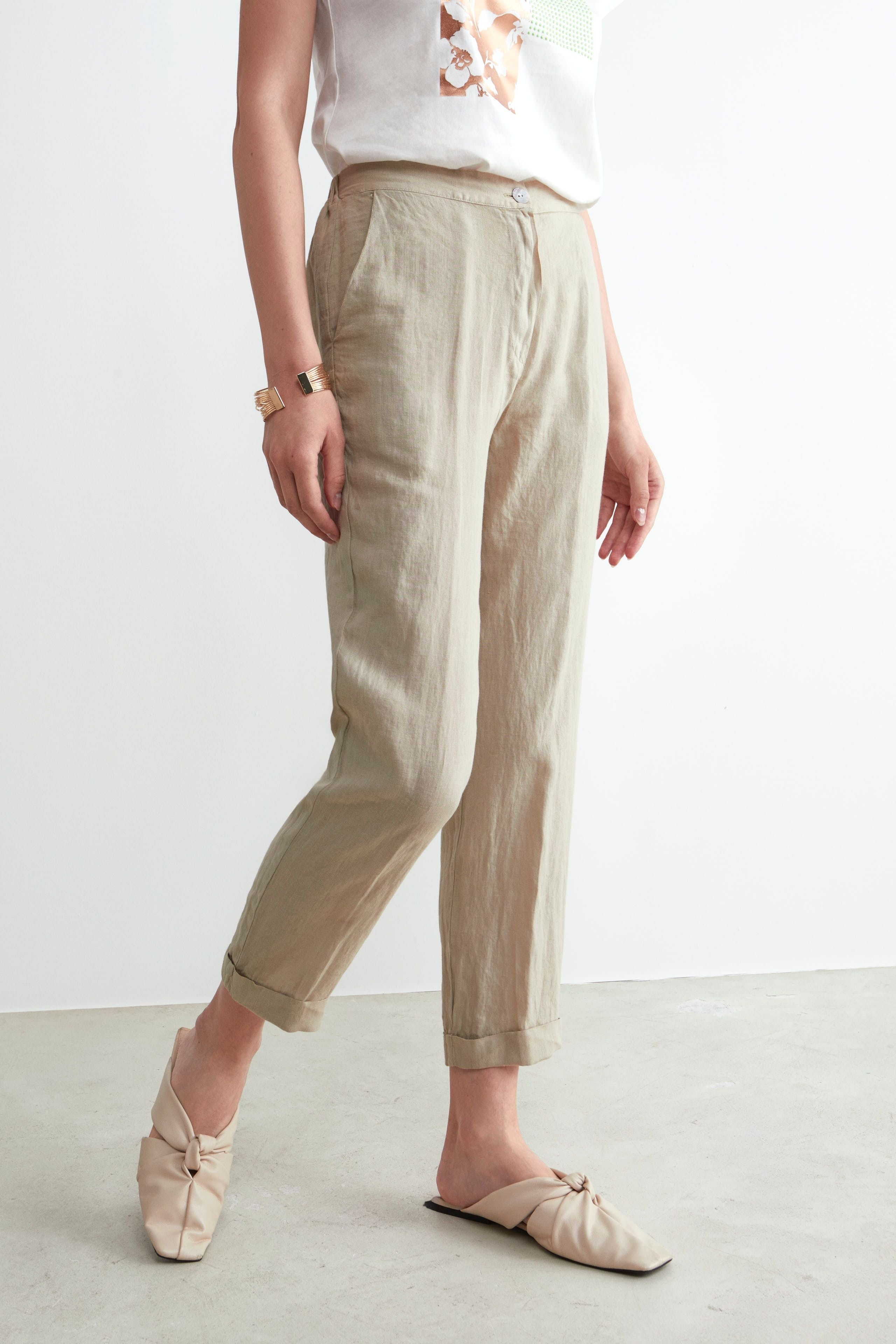 Slim fit linen trousers - BEIGE