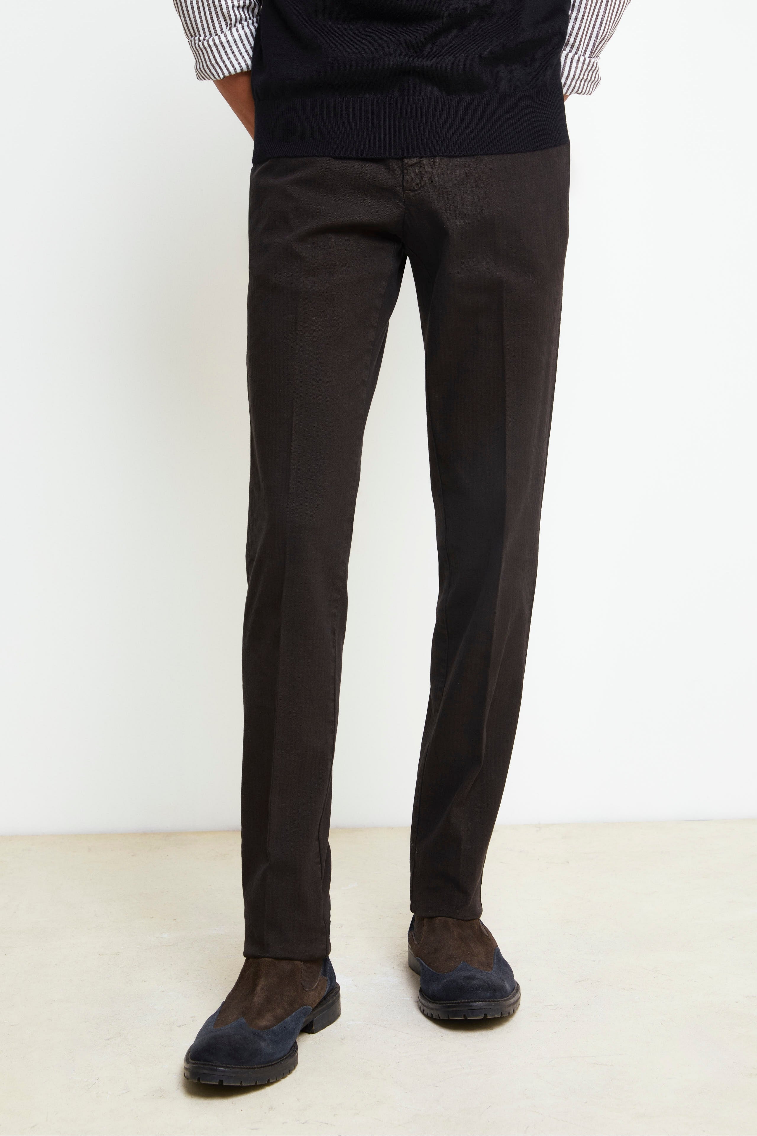 Slim Fit Cotton Trousers - Herringbone Brown