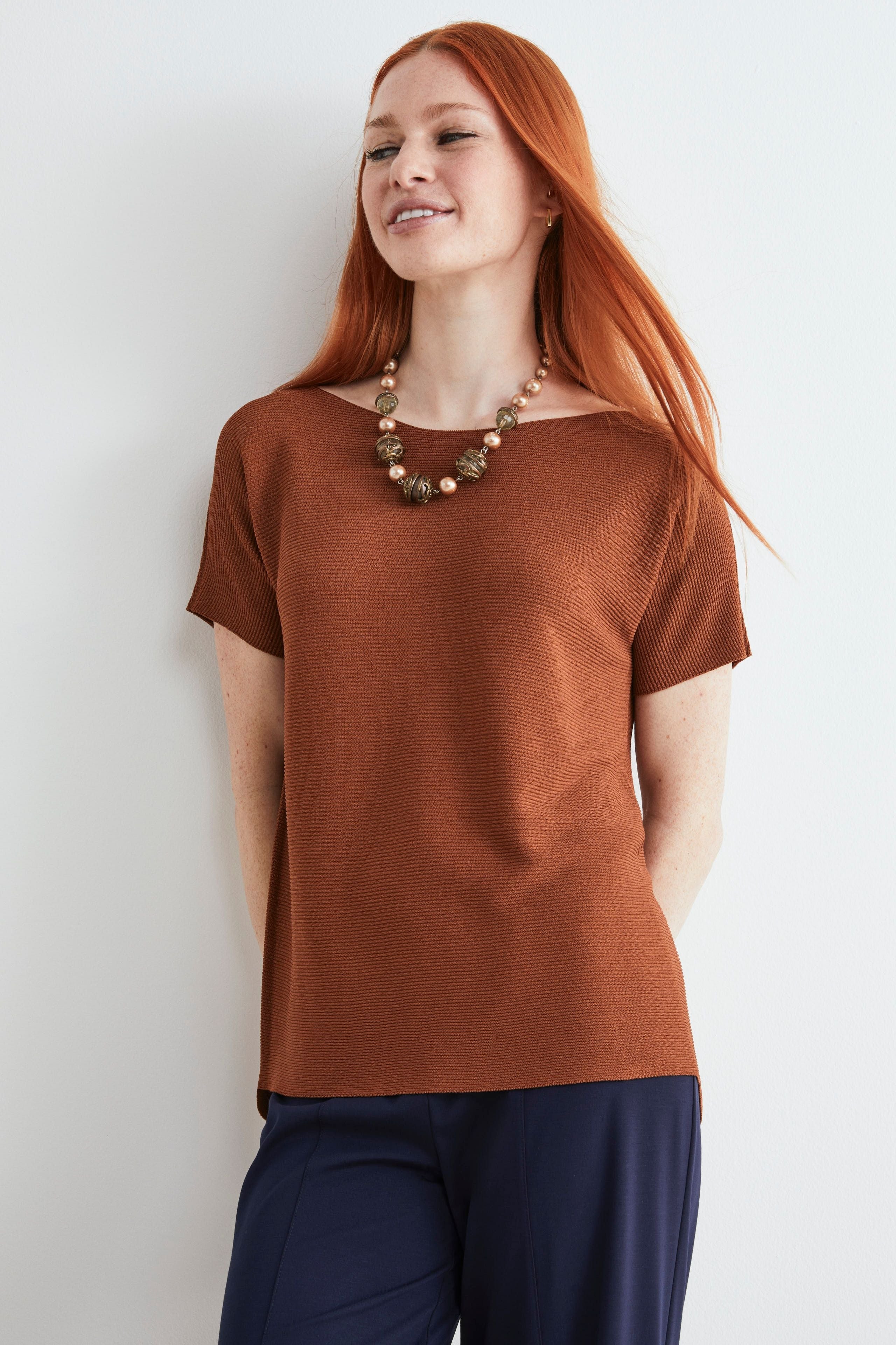 Boat-neck T-shirt - Tobacco brown
