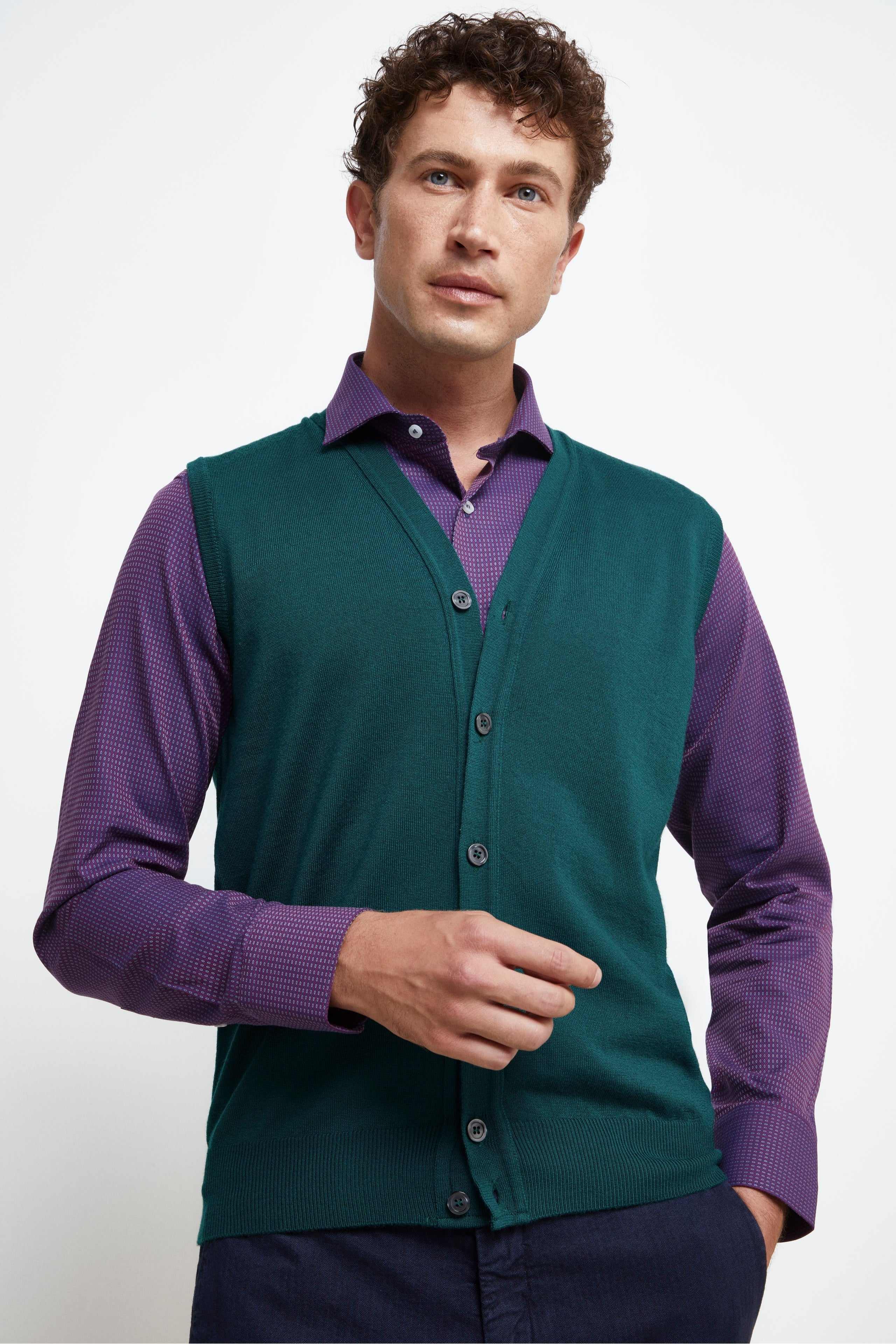 Gilet con Bottoni in Lana merino - VERDE SCURO