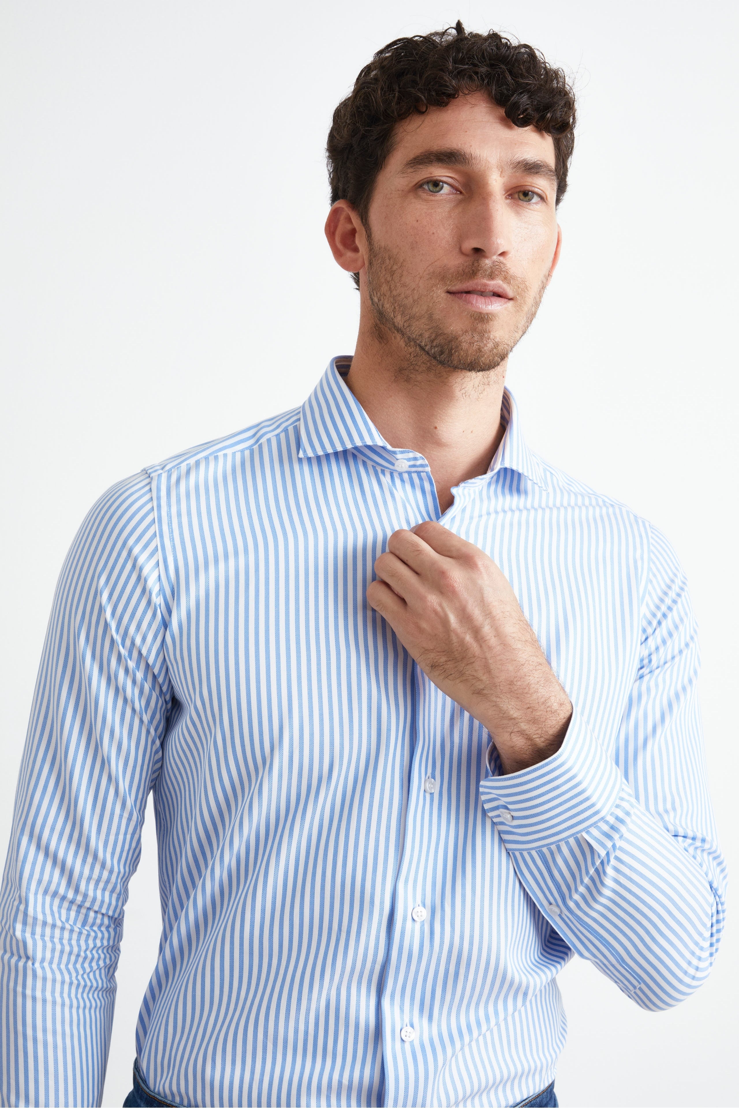 Camicia Slim Fit a Righe Collo Francese - RIGATO BIANCO/AZZURRO