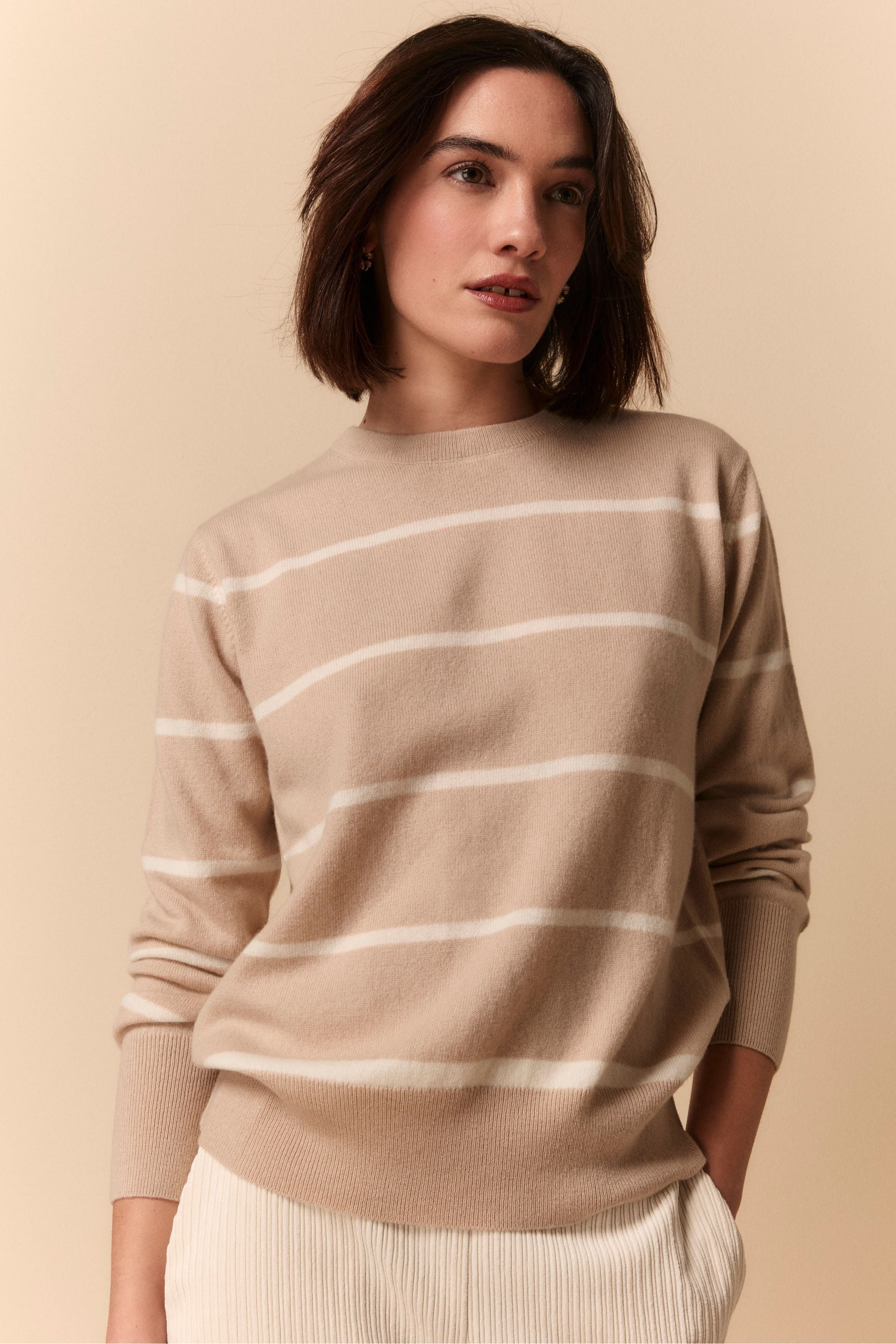 Maglia Girocollo Fantasia in Lana e Cashmere - BEIGE RIGATO