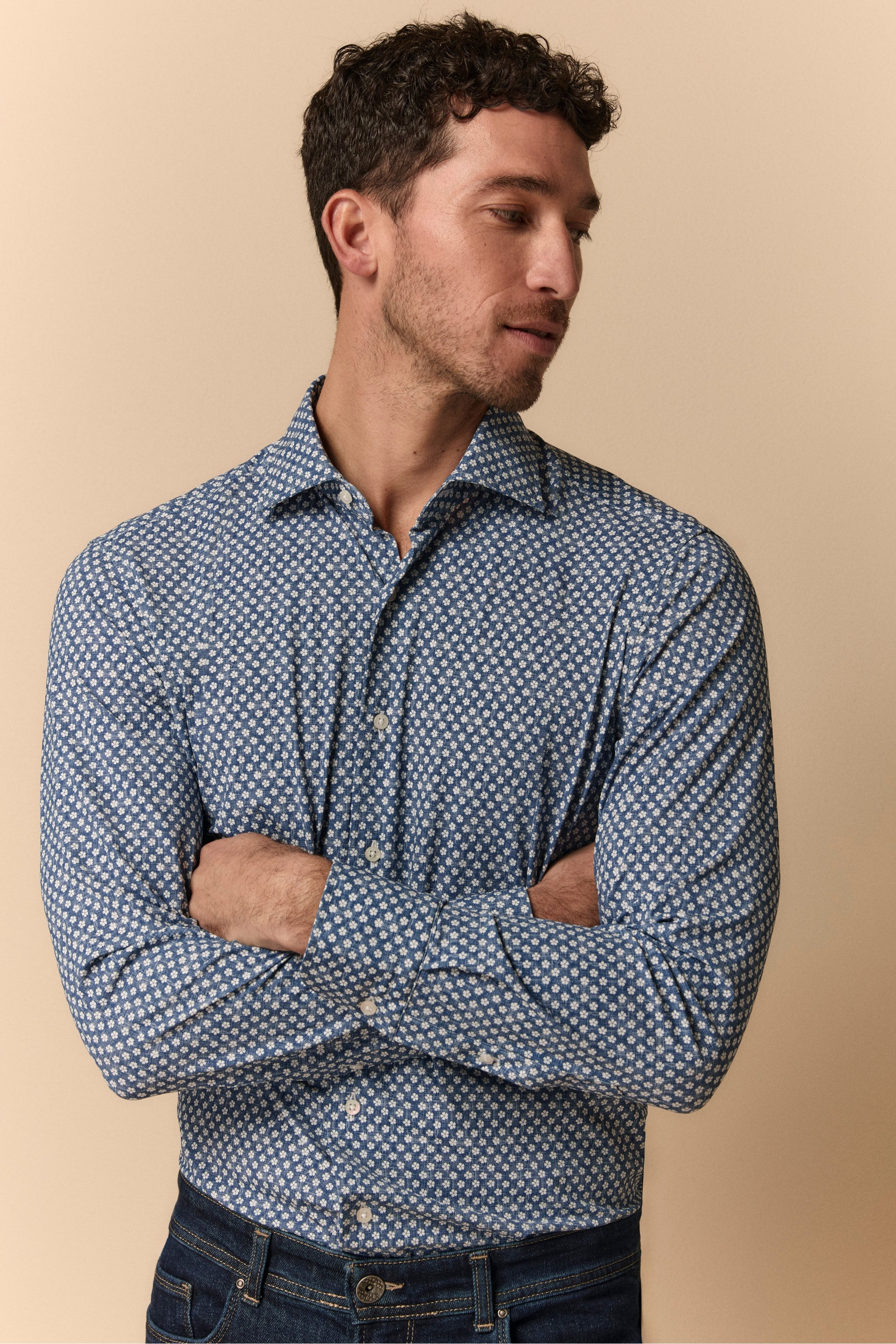 Camicia a Fiori Slim Fit in Jersey - FANT. BIANCO/BLU