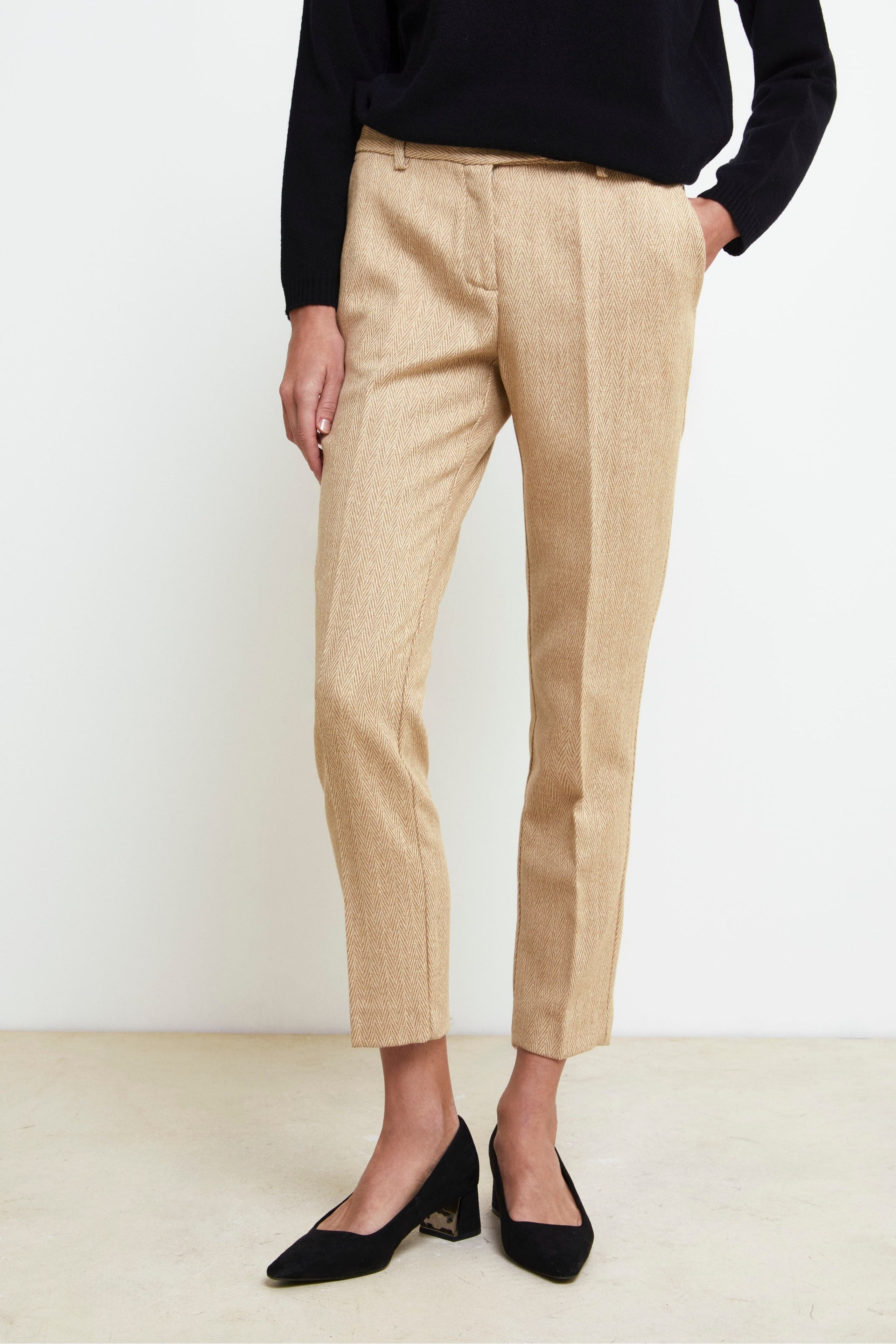 Cigarette Wool Trousers - BEIGE HERRINGBONE