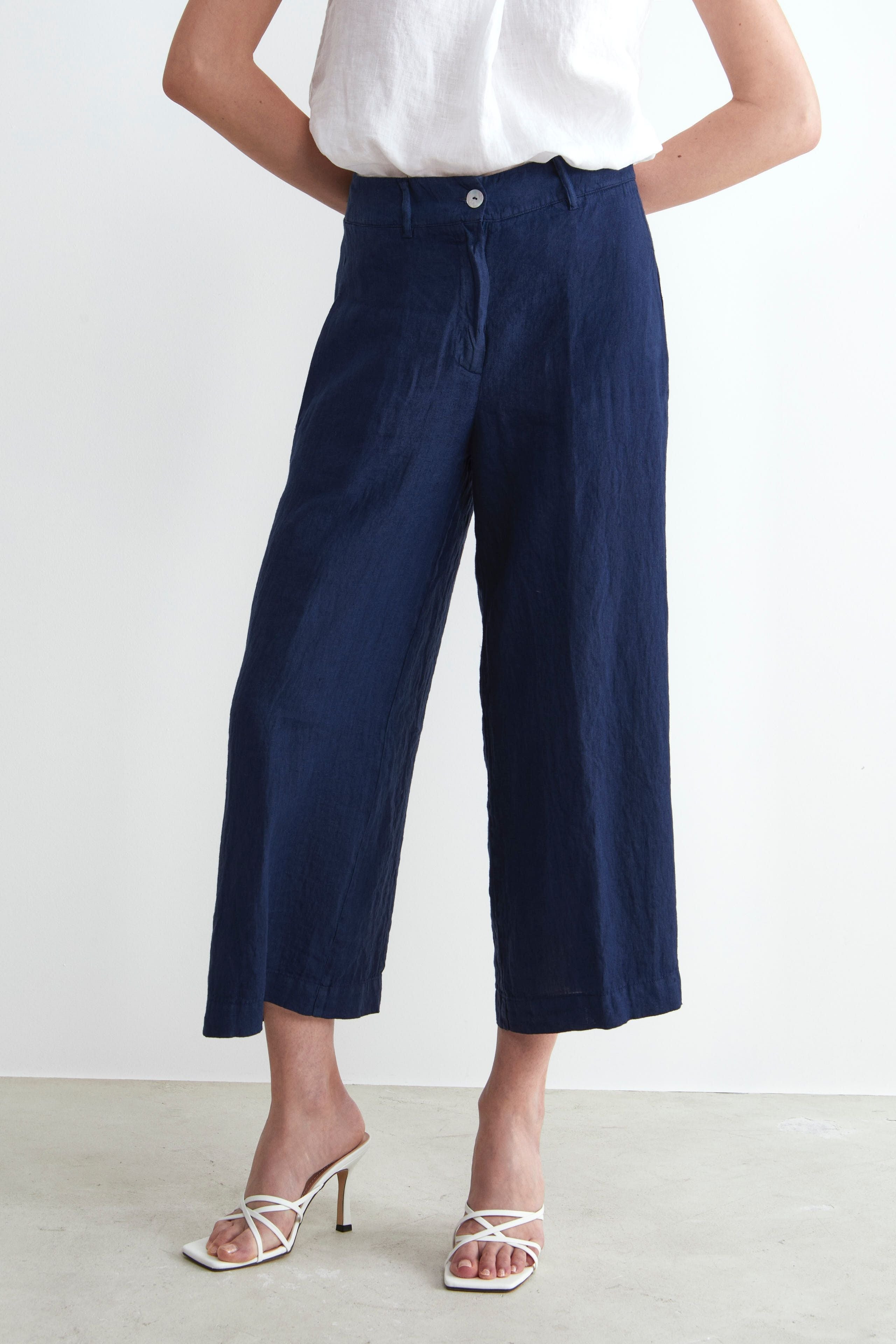Cropped linen trousers - Blue