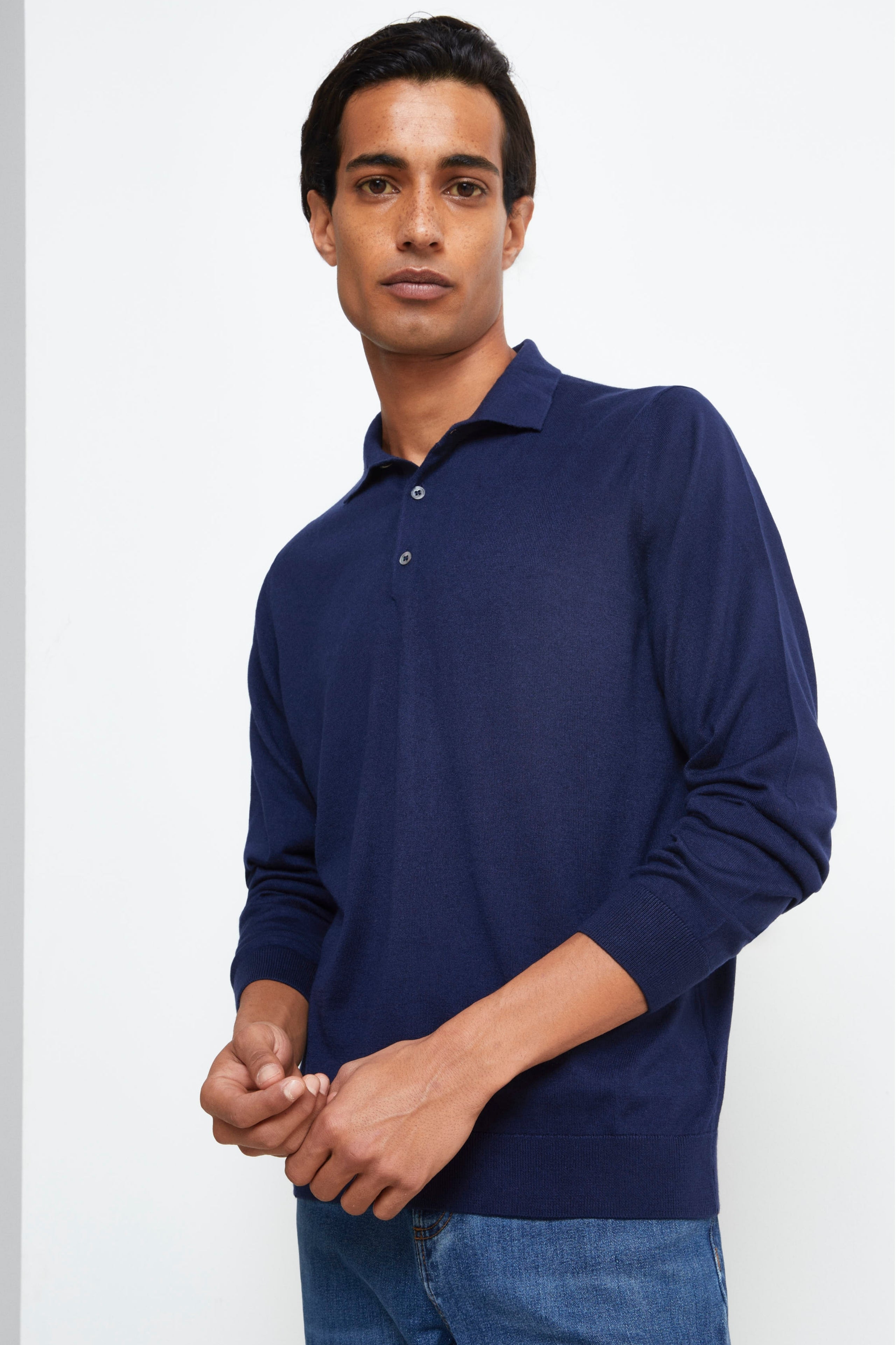 Buttoned Polo Shirt in Silk and Cashmere - MIDNIGHT BLUE