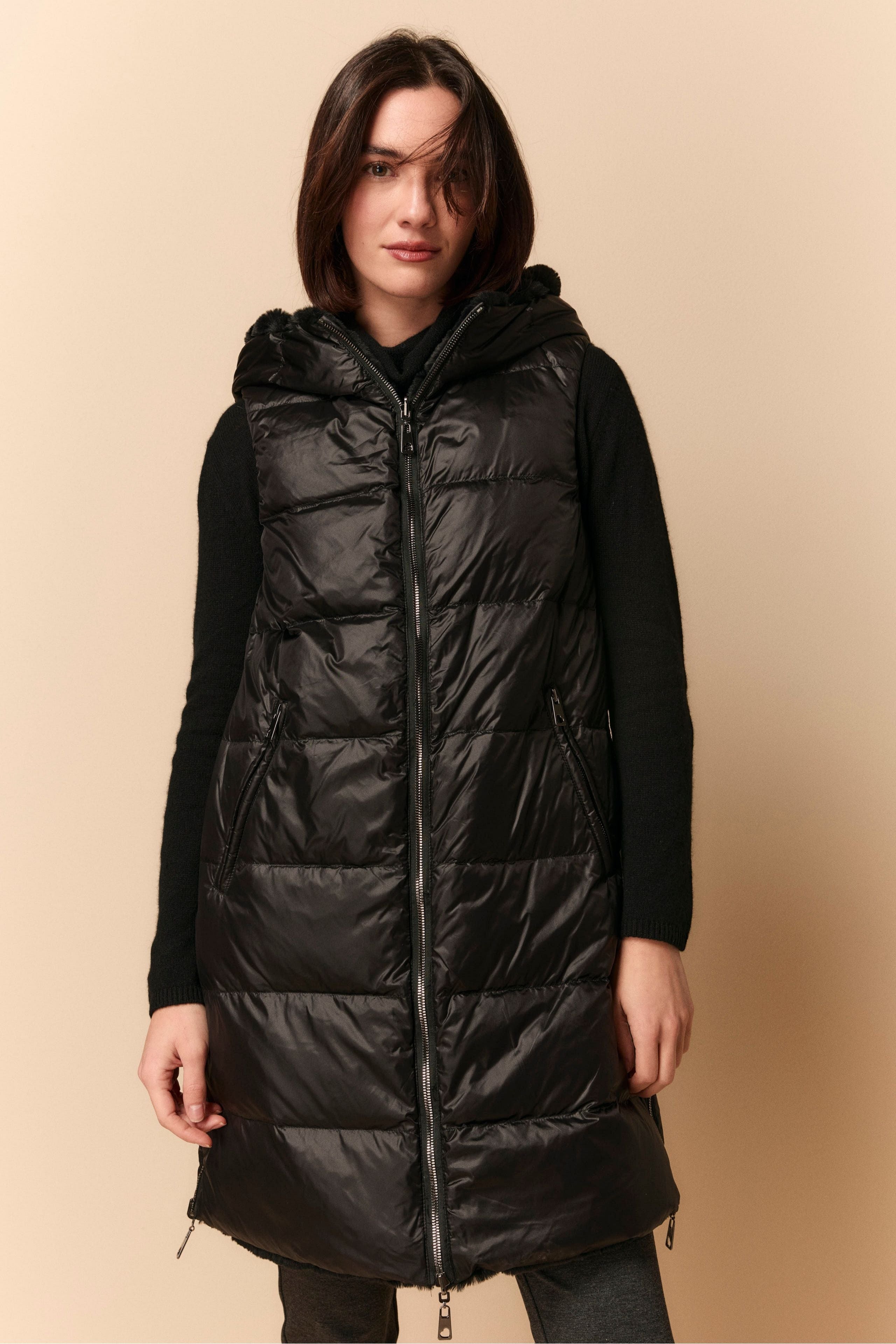 Gilet Reversibile con Pelliccia - NERO