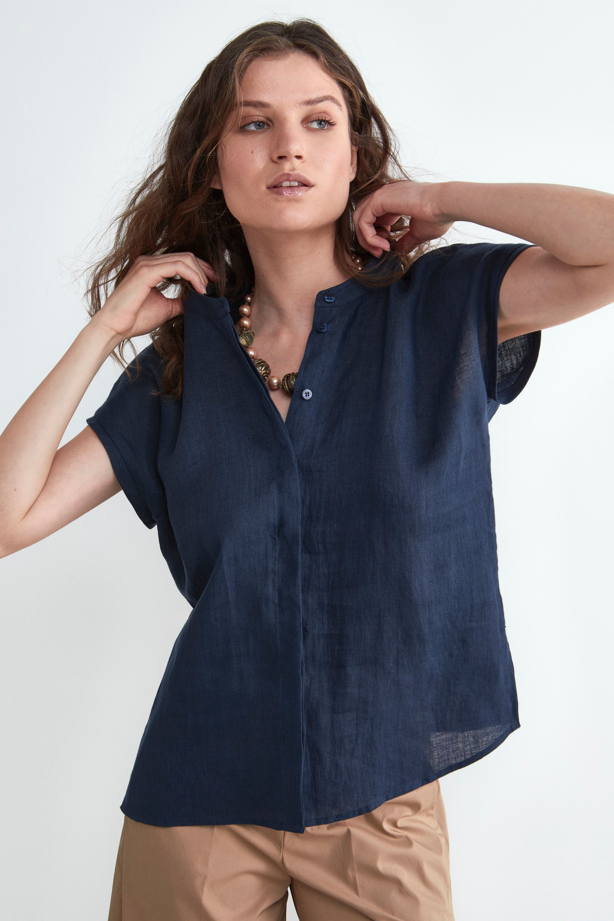 Blue Linen Sleeveless Shirt - Navy blue