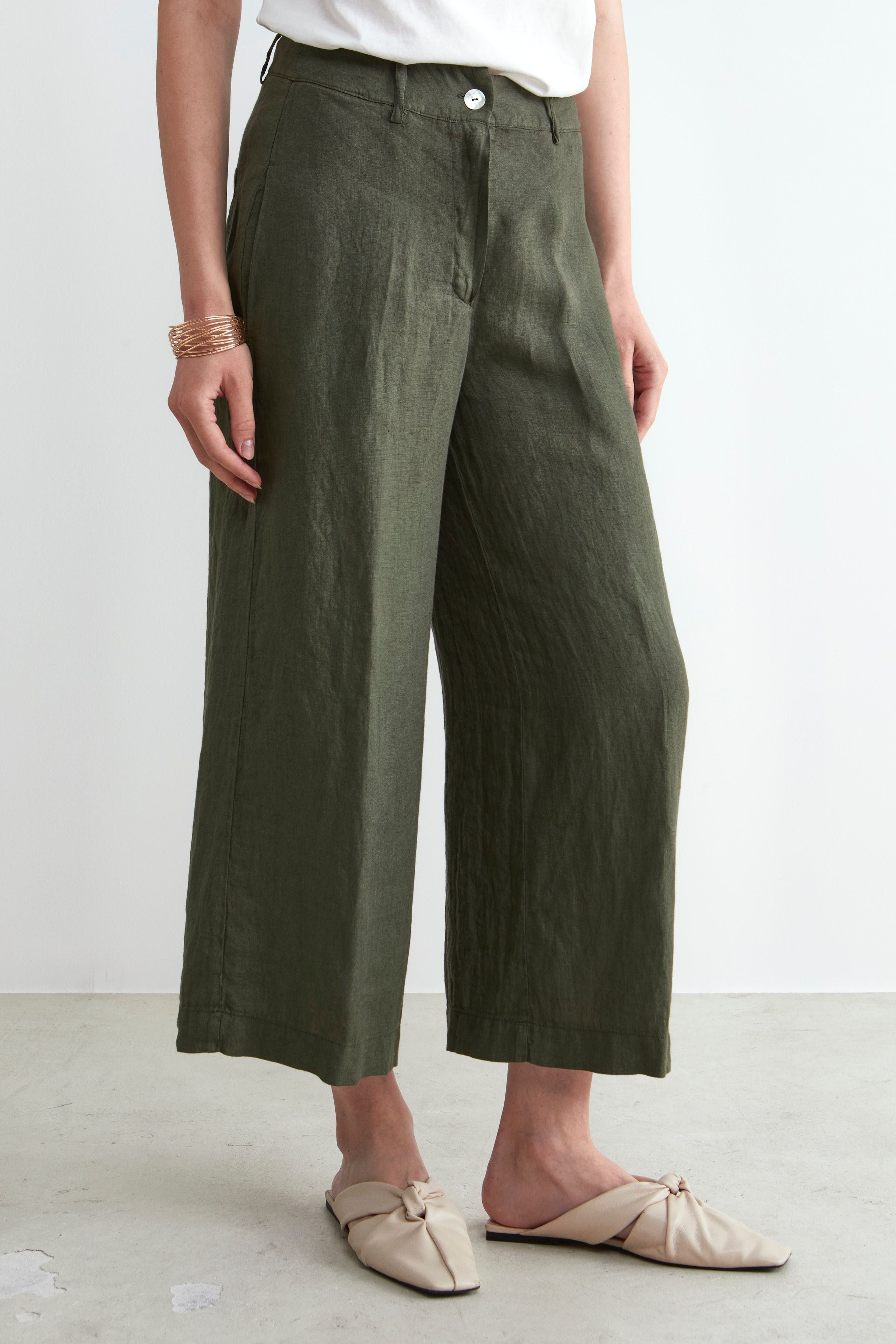 Cropped linen trousers - Brown