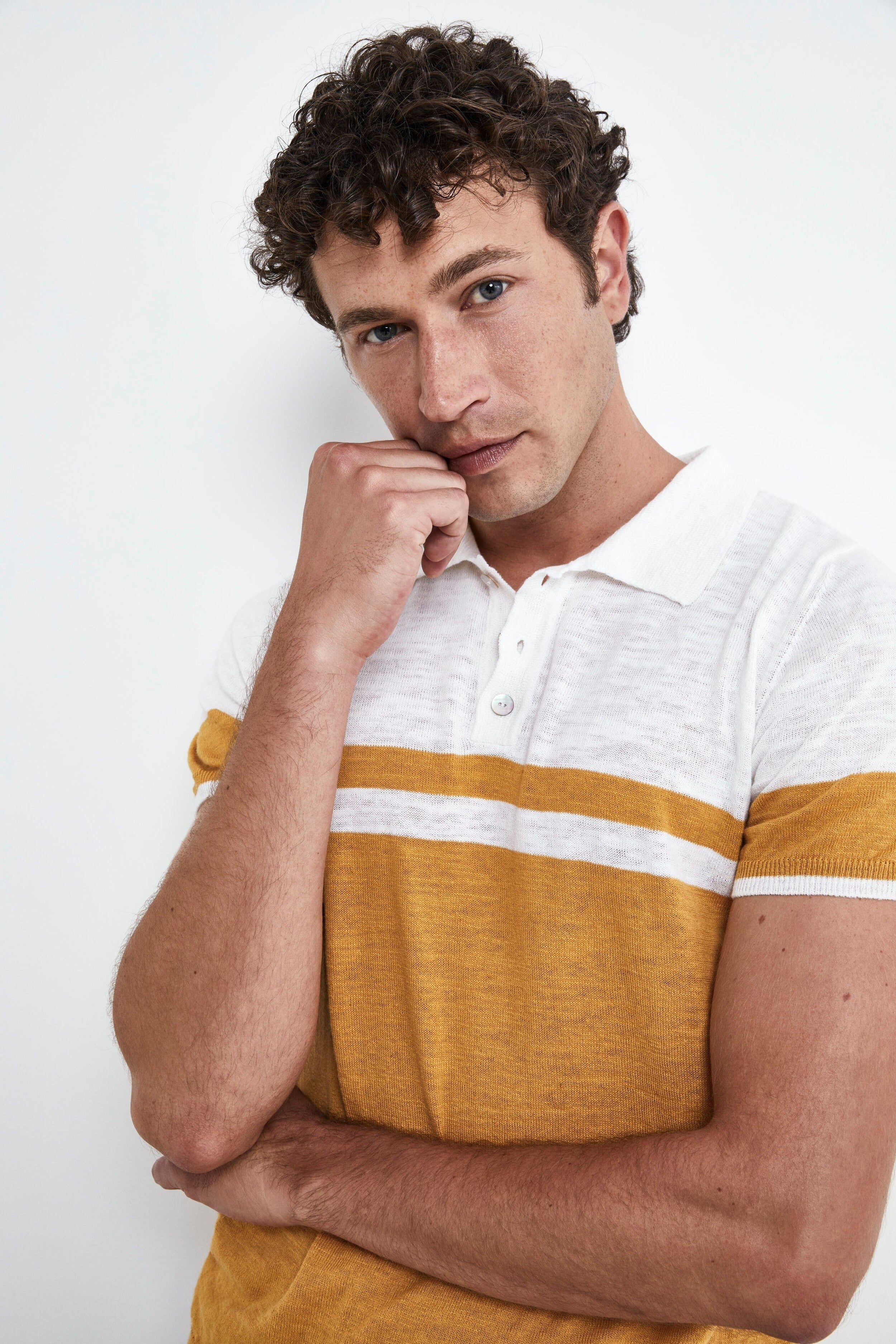 Knitted patterned polo shirt - YELLOW/WHITE
