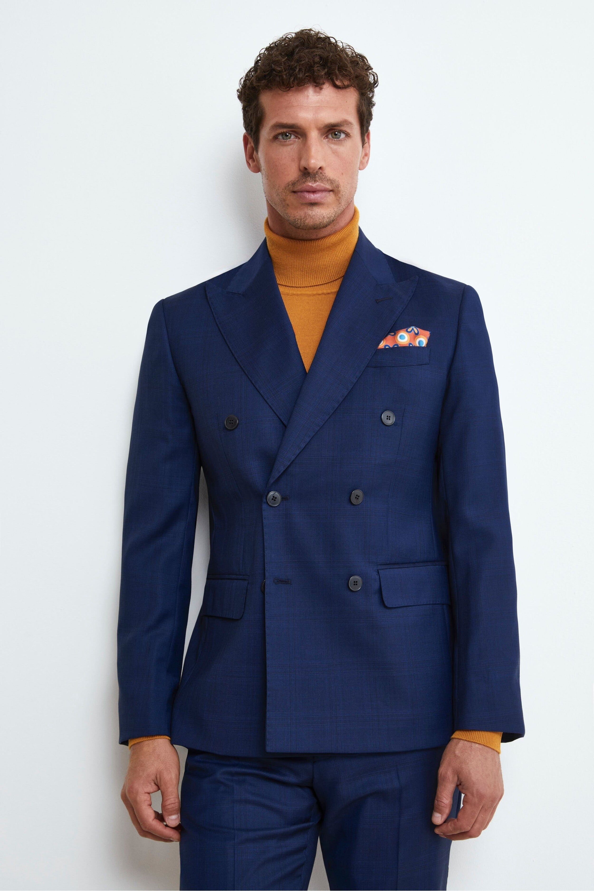 Double-Breasted Check Wool Suit - Blue check