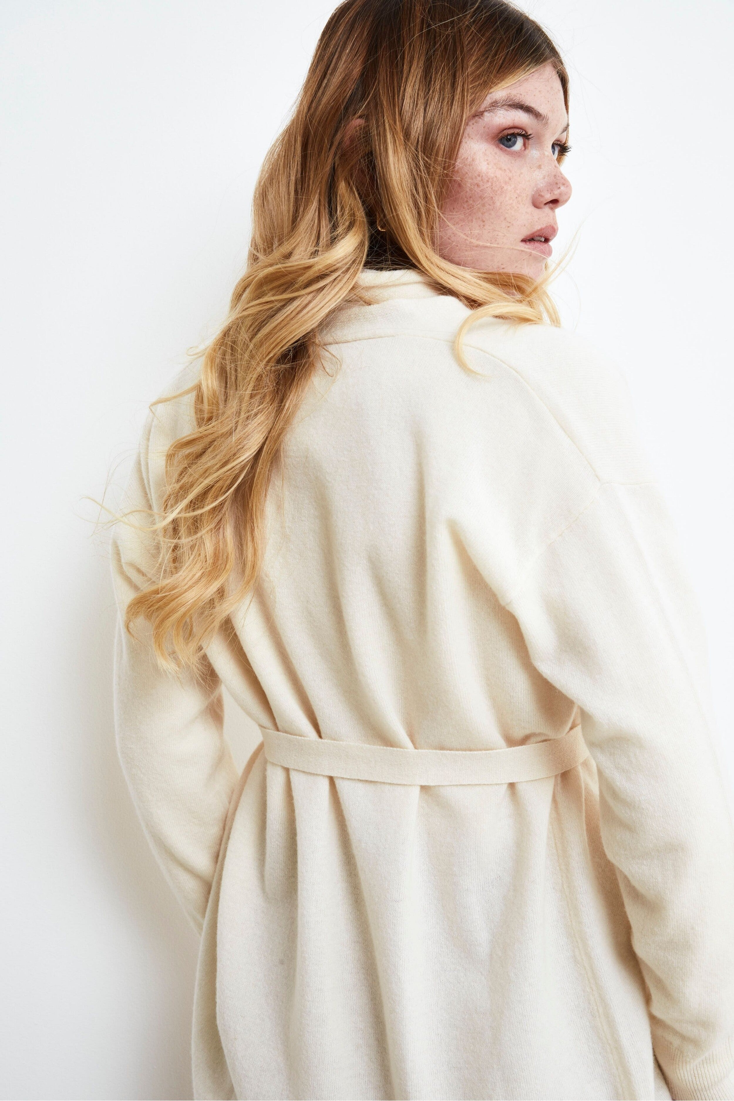 Cashmere Wool Belted Cardigan - Cream white