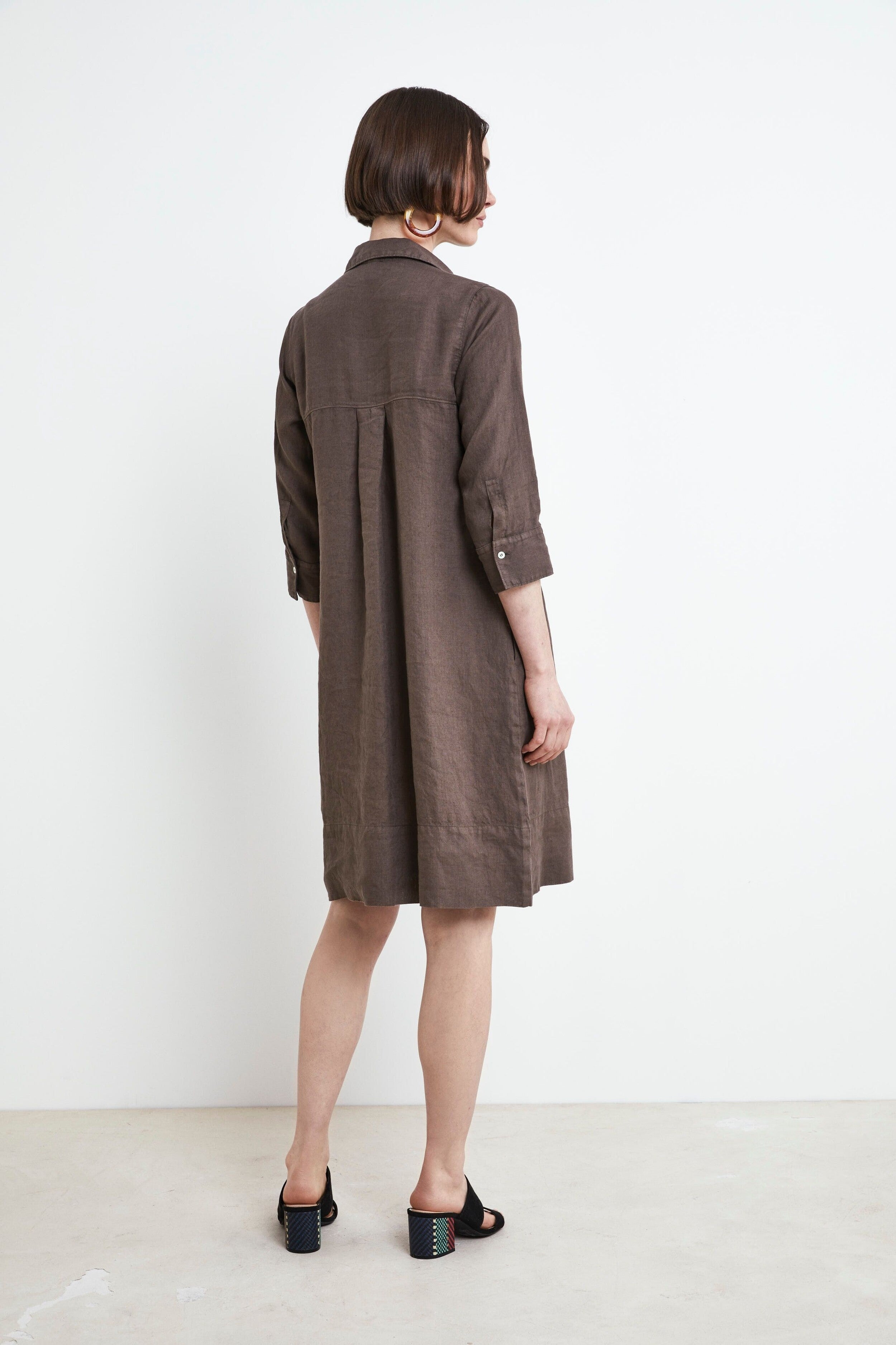 Linen Shirt Dress - BROWN
