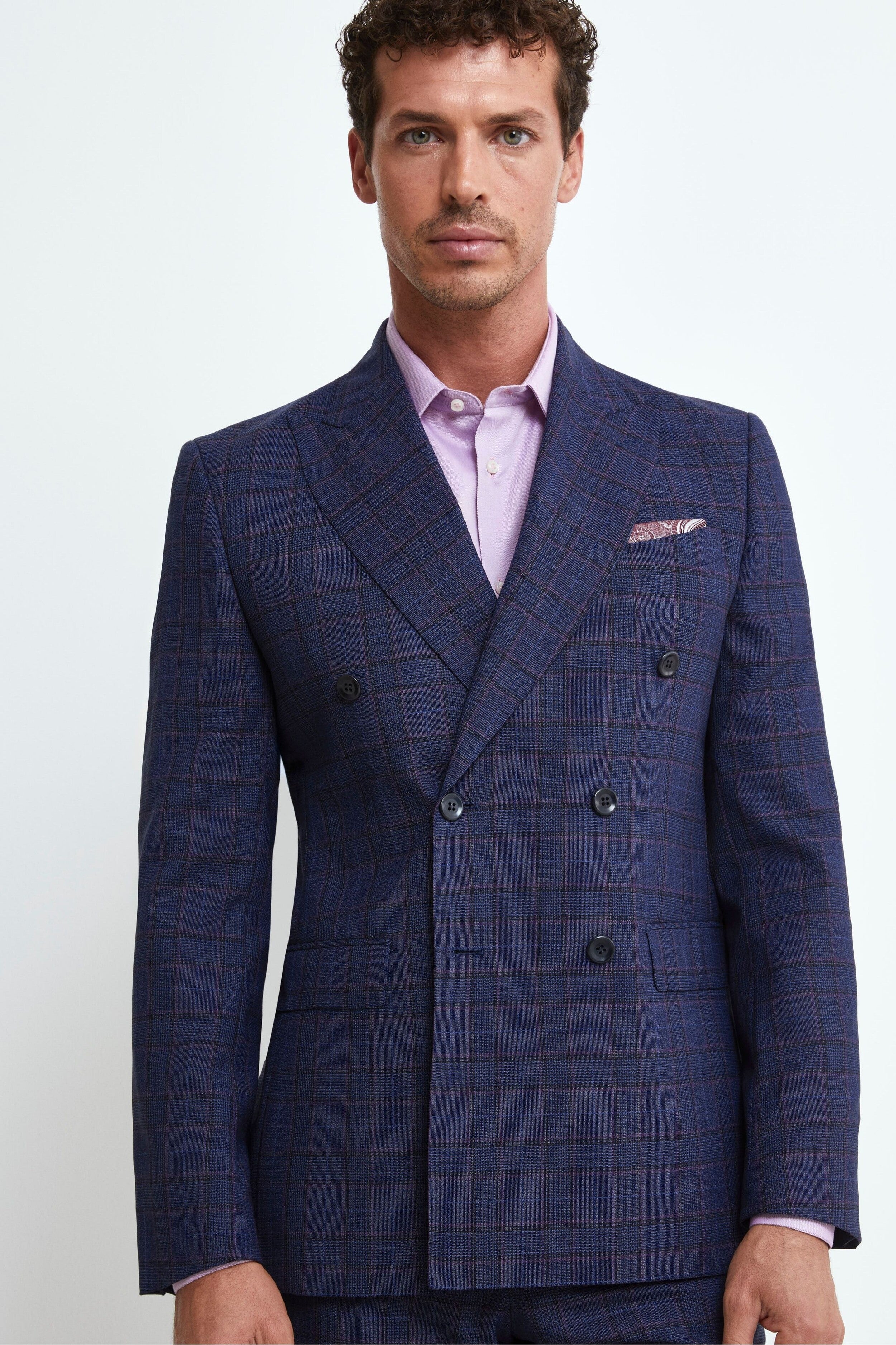 Elegant Double-Breasted Wool Suit - BLUE PRINCE OF WALES