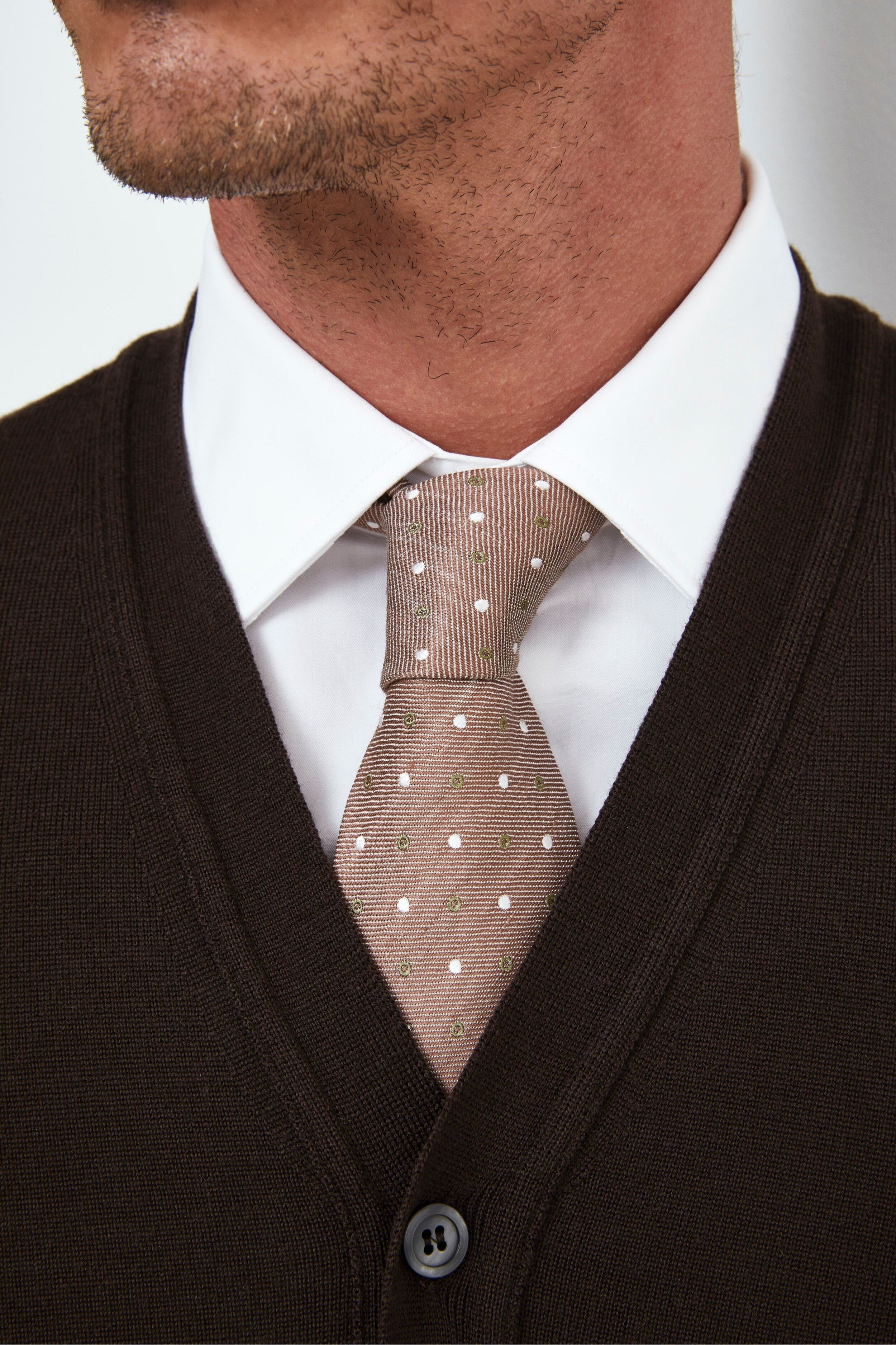 Silk and linen tie - Brown pois