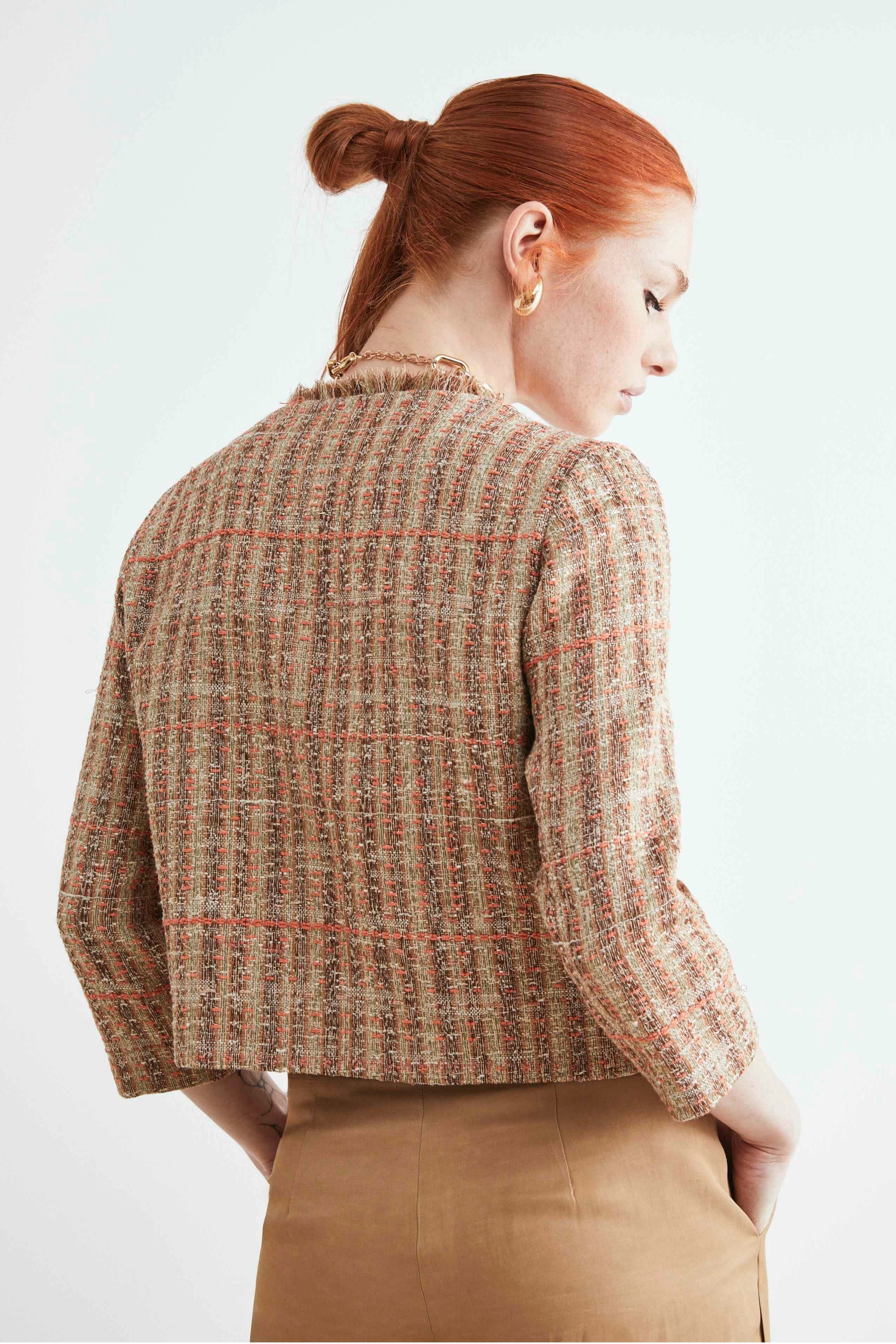 Round-neck tweed jacket - Beige-Orange