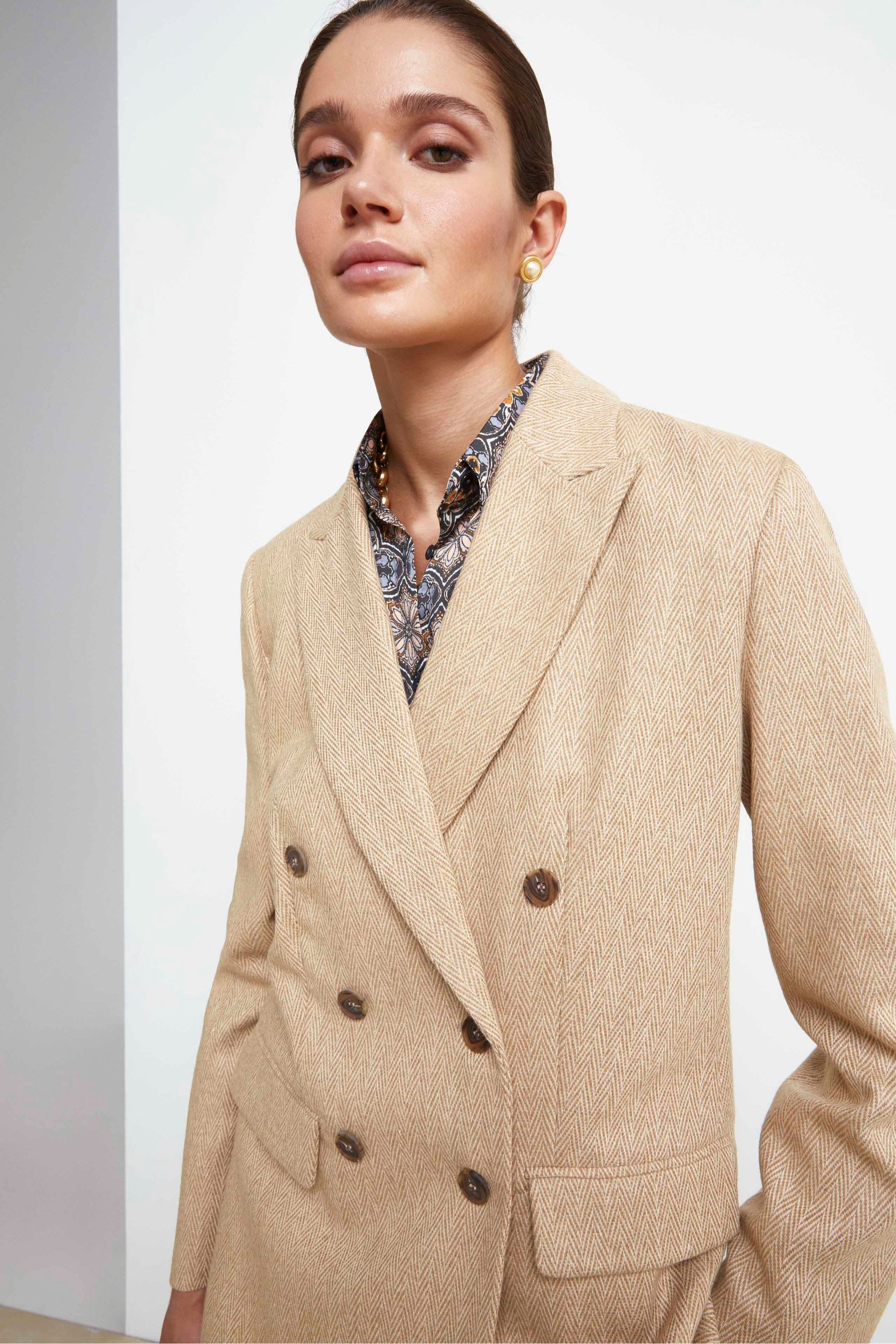 Double-Breasted Wool Blazer - BEIGE HERRINGBONE