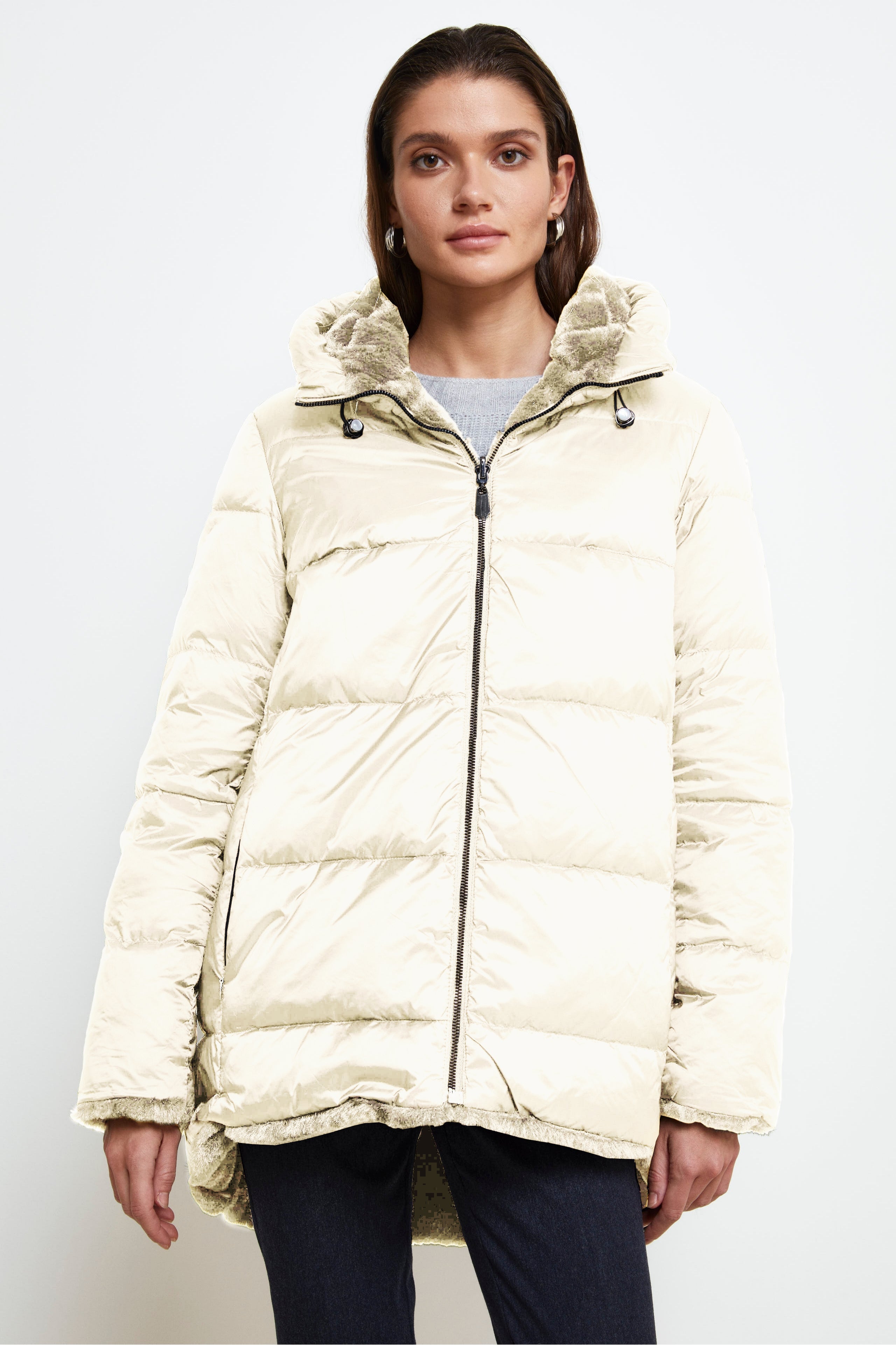 Reversible Down Jacket with Fur - Brown